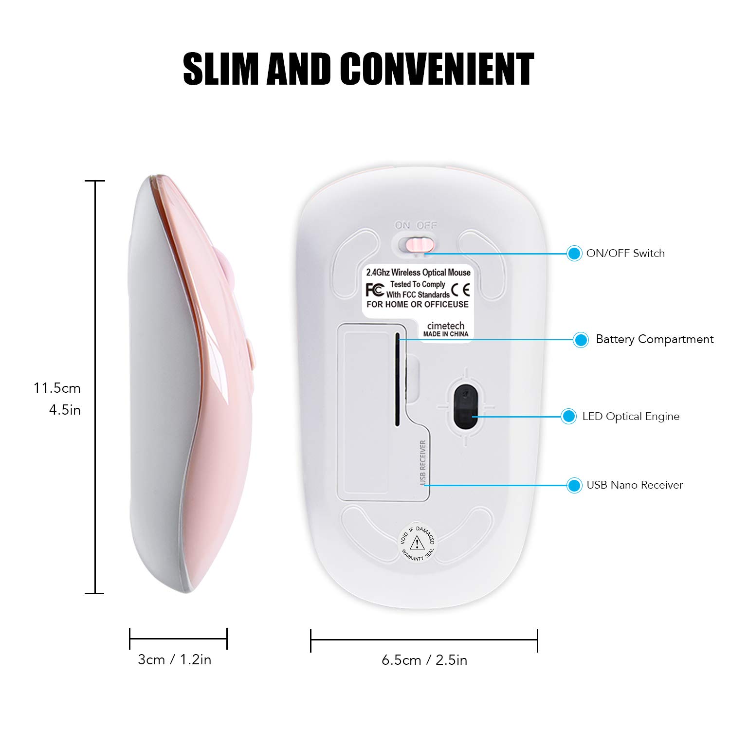 Cimetech 2.4G Wireless Mouse - Slim Ergonomic Silent Click Optical Mouse with Nano USB Receiver for Laptop, Desktop, MacBook (Bright Pink) - Perfect for Office Work, Gaming & Travel Use