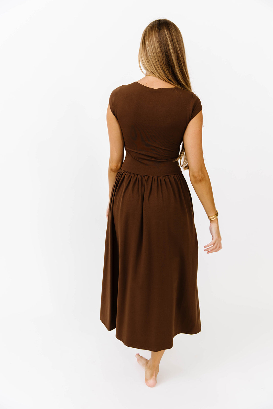 Larissa Cap Sleeve Midi Dress - Women's Brown Flowy Summer Dress for Casual Wear, Office, and Date Night | Comfortable & Stylish Outfit