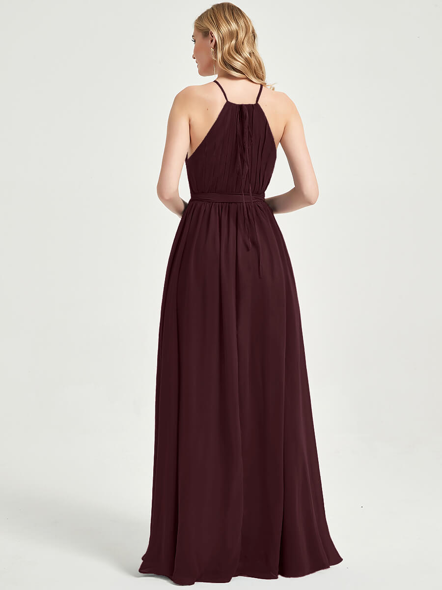 Elegant Cabernet Halter Neck Slit Wrap Chiffon Bridesmaid Dress - Floor Length Formal Gown for Weddings, Parties & Special Occasions