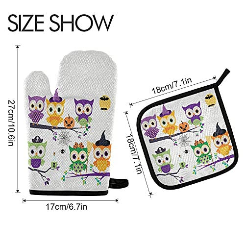 Halloween Owl Oven Mitts & Pot Holder Set - Heat Resistant Kitchen Gloves for Baking, Grilling, BBQ - Cute Pumpkin & Branch Design for Fall Decor