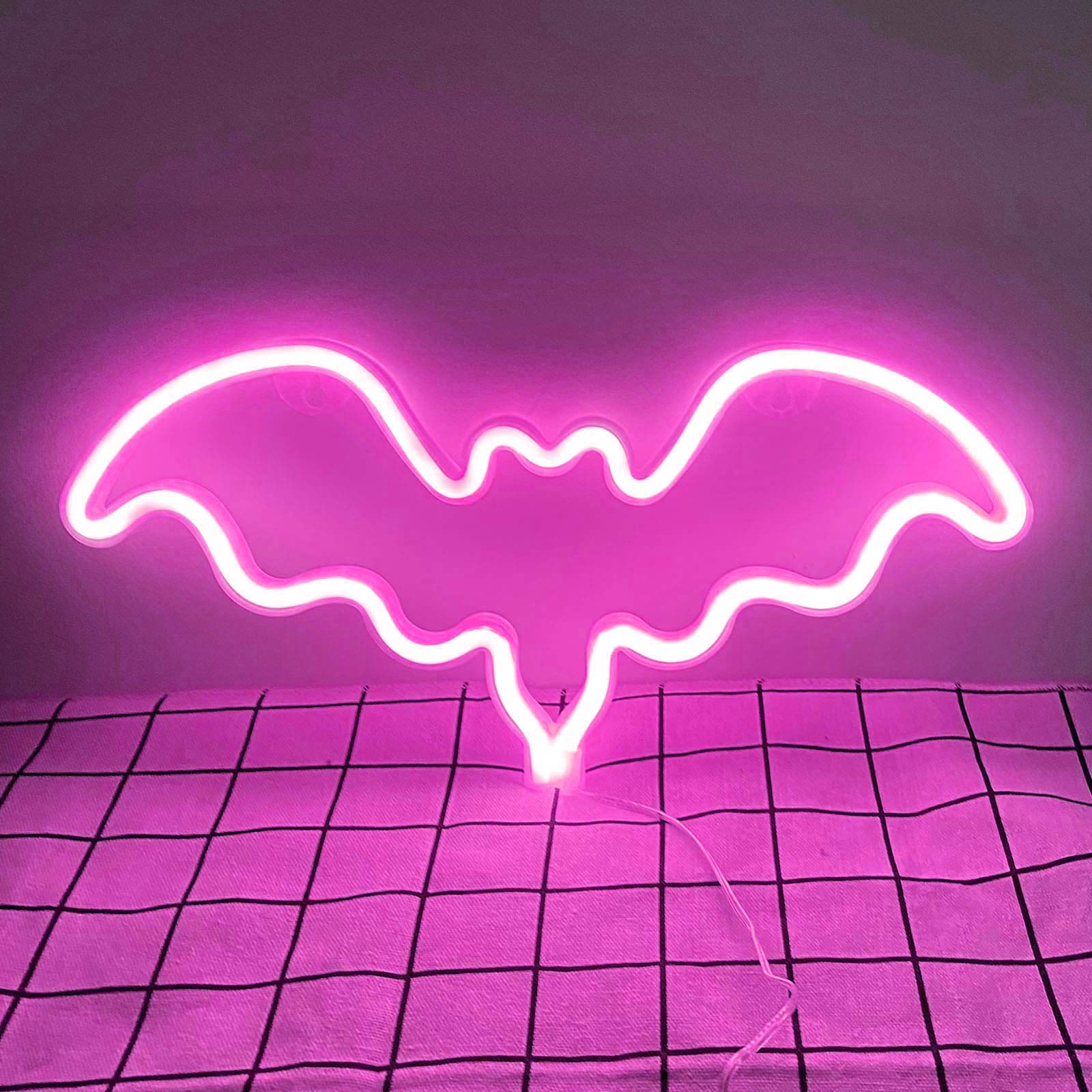 ENUOLI Pink Neon Light Bat Sign - USB/Battery Powered LED Wall Art Decor for Kids Bedroom, Christmas Party & Bar - Unique Night Light for Home, Game Room & Halloween Decorations