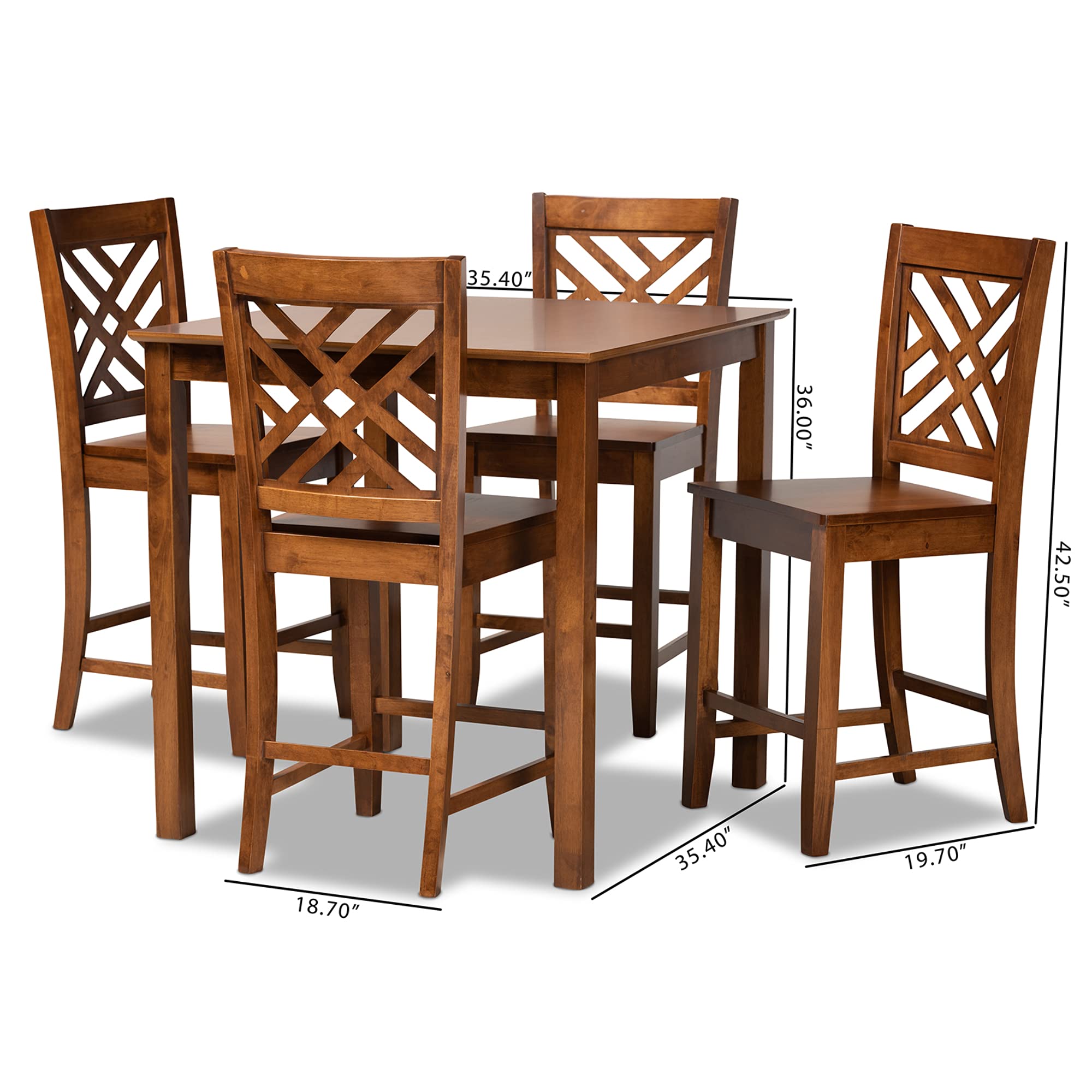 Baxton Studio Caron 5-Piece Pub Table Set - Walnut Brown Finished Wood Bar Height Dining Set for Kitchen, Patio & Outdoor Entertaining