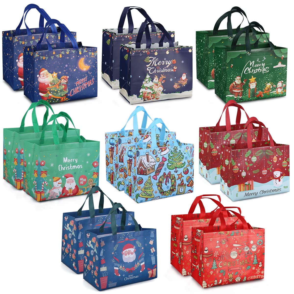 16-Piece Christmas Gift Bags Set - Reusable Non-Woven Tote Bags with Handles for Holiday Gift Wrapping, Party Favors & Shopping (12.8×9.8×6.7 Inches) - Perfect for Xmas Parties, School Events & Festive Gift Exchanges