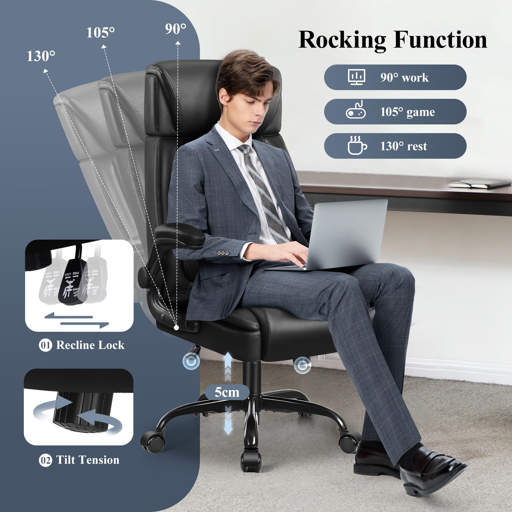 Premium Big and Tall Executive Office Chair - Ergonomic High Back Leather Desk Chair with Adjustable Lumbar Support, Flip-Up Armrests & Headrest - Perfect for Home Office, Gaming & Professional Workspaces