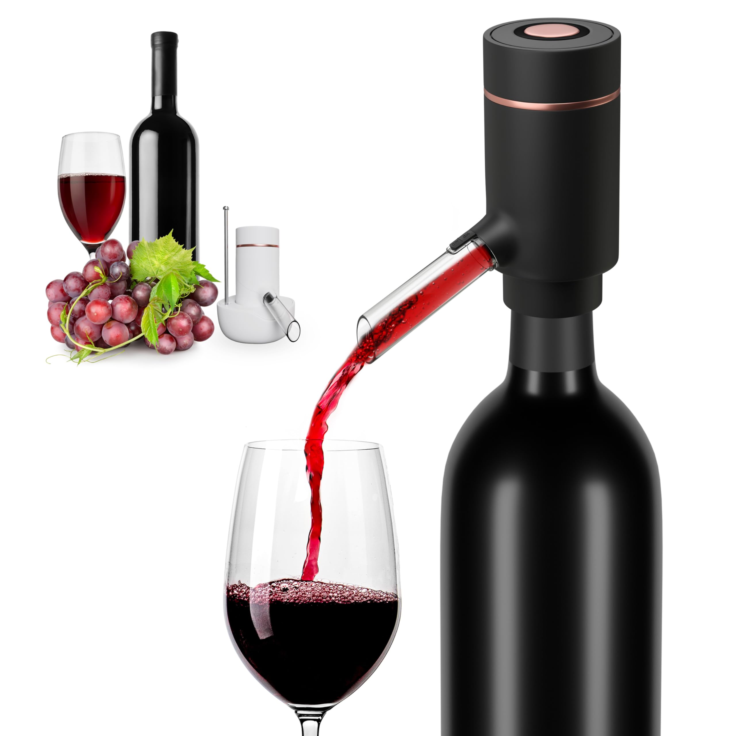 Electric Wine Dispenser & Aerator - One Touch Automatic Wine Pourer for Red/White Wine - Universal Fit for Most Bottles (Black & Rose Gold) - Perfect for Home Bars, Dinner Parties & Wine Tasting Events