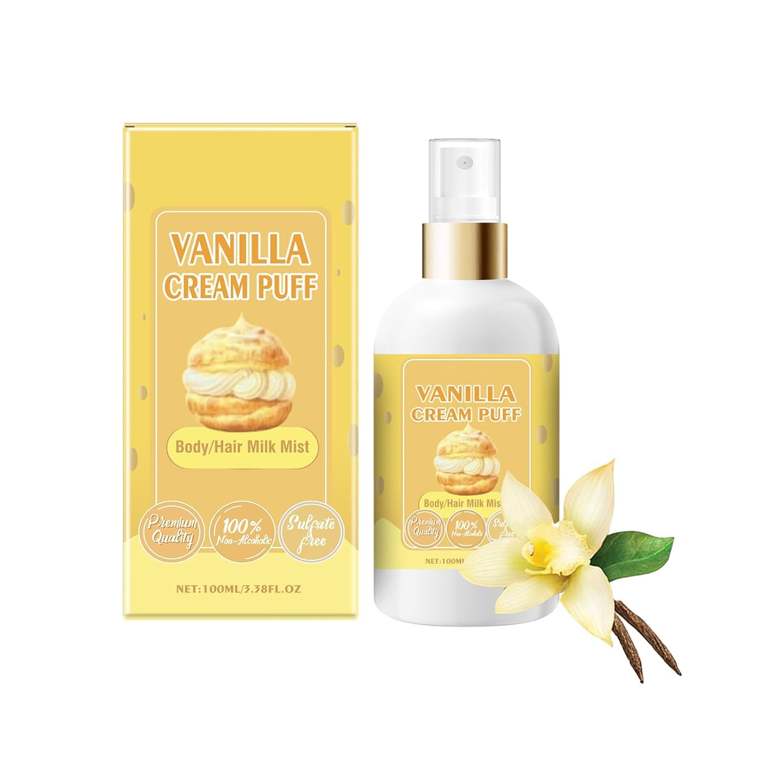 Vanilla Cream Puff Body & Hair Milk Mist - Long-Lasting Fragrance Spray for Women & Men, 3.38 Fl.Oz | Sweet Vanilla & Strawberry Cake Scent | Hydrating Body & Hair Perfume for Daily Use, Date Nights & Special Occasions