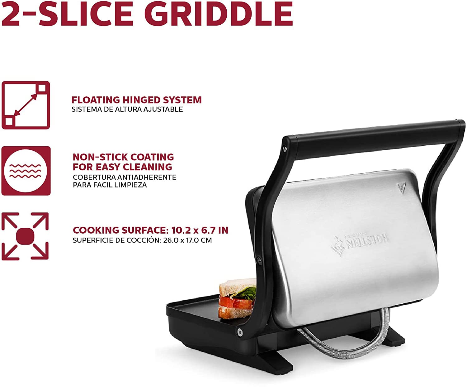 Holstein Housewares Electric Griddle - Stainless Steel Sandwich Maker & Snack Toaster for Paninis, Waffles, Breakfast - Black/Stainless Steel - Perfect for Home, Office & Camping Cooking