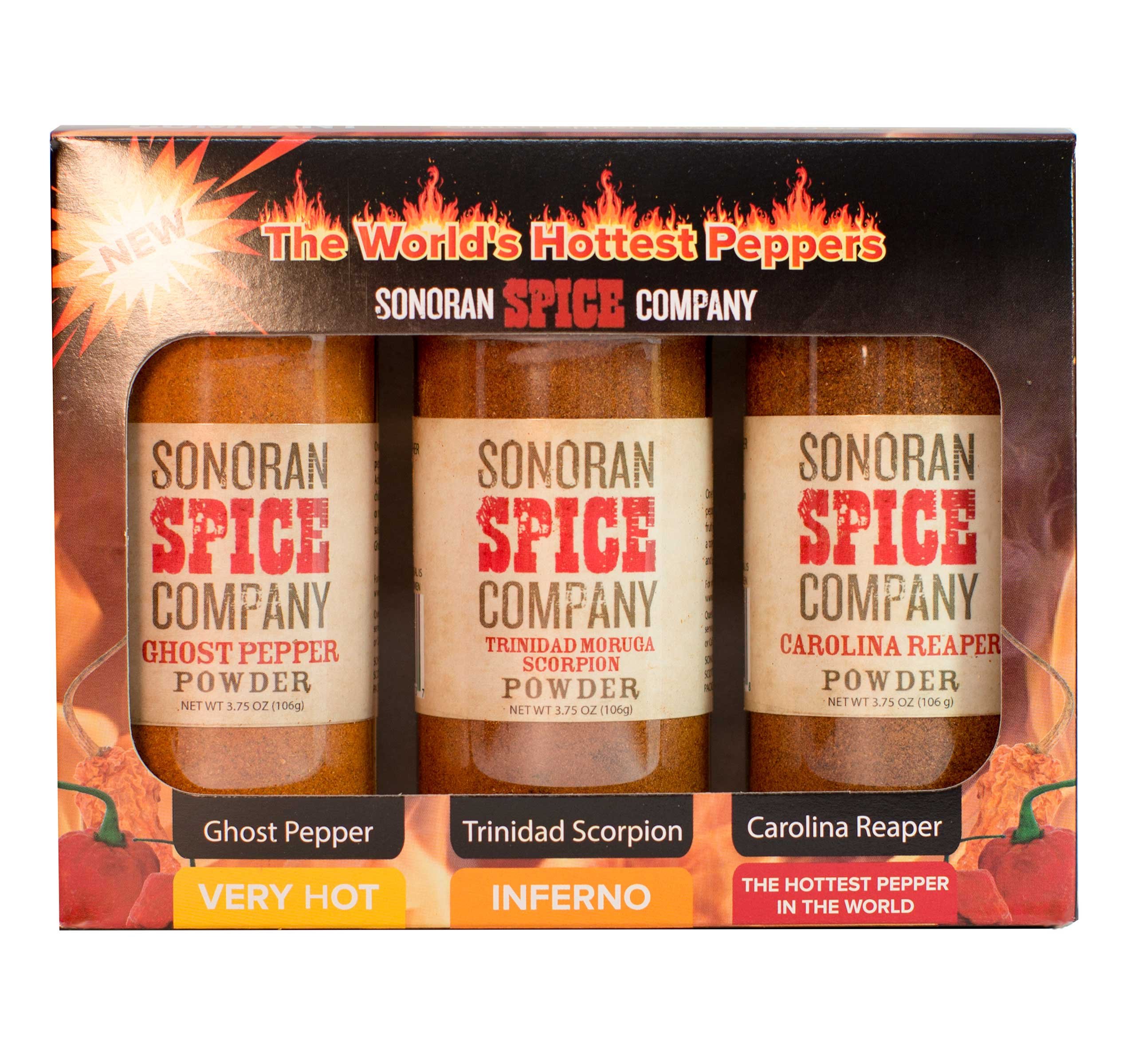 Carolina Reaper, Trinidad Scorpion & Ghost Pepper Hot Chili Powder - 3.75oz Spicy Gift Box for Cooking, Seasoning & Hot Sauce Making