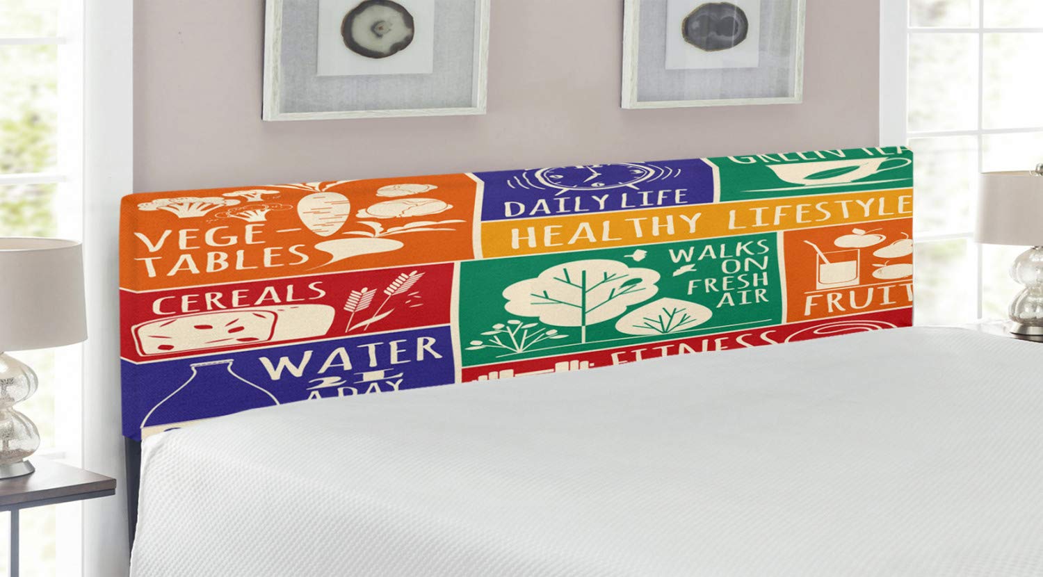 Ambesonne Fitness Headboard - Colorful Upholstered Metal Bed Frame with Motivational Signs, Text & Vegetables Design, Memory Foam Padding, King Size, Multicolor - Perfect for Home Gym Decor & Bedroom Workout Motivation