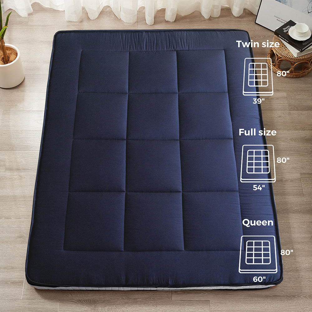 MAXYOYO Japanese Floor Futon Mattress - Thick Padded & Portable Navy Blue Floor Bed for Guest Room, Dorm, Camping & Travel