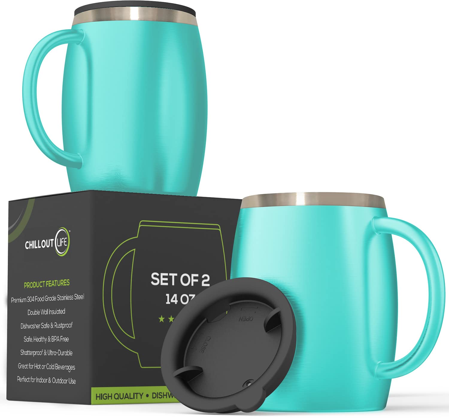 Premium Stainless Steel Insulated Coffee Mugs Set of 2 (14oz) - Double Wall Vacuum Insulated Travel Mugs with Leak-Proof Lid & Comfortable Handle - BPA-Free Hot & Cold Beverage Cups for Office, Camping, Hiking, and Commuting (Aqua Blue)