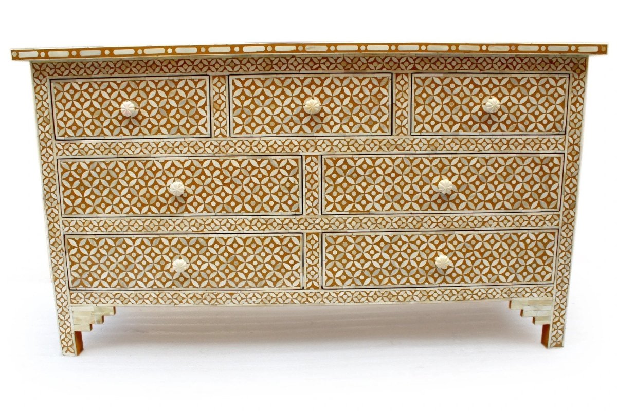 Handmade Bone Inlay 7-Drawer Chest in Chocolate Brown - Vintage Boho Bedroom & Living Room Storage Furniture