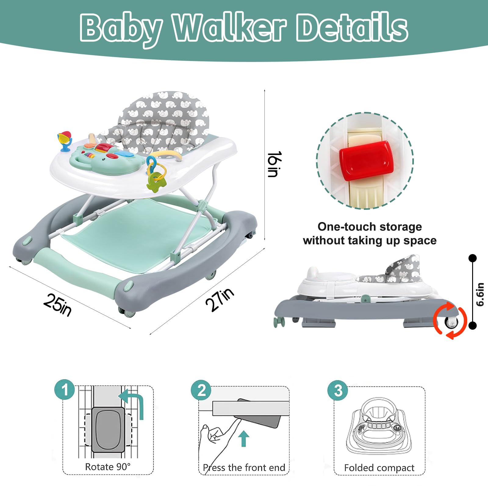 5-in-1 Foldable Baby Walker & Activity Center - Convertible Bouncer, Rocker, Push Walker with Detachable Trampoline Mat | Adjustable Speed Wheels & Height for Babies 6-18 Months (Mint Green) | Perfect for Playtime, Learning to Walk & Indoor Activities