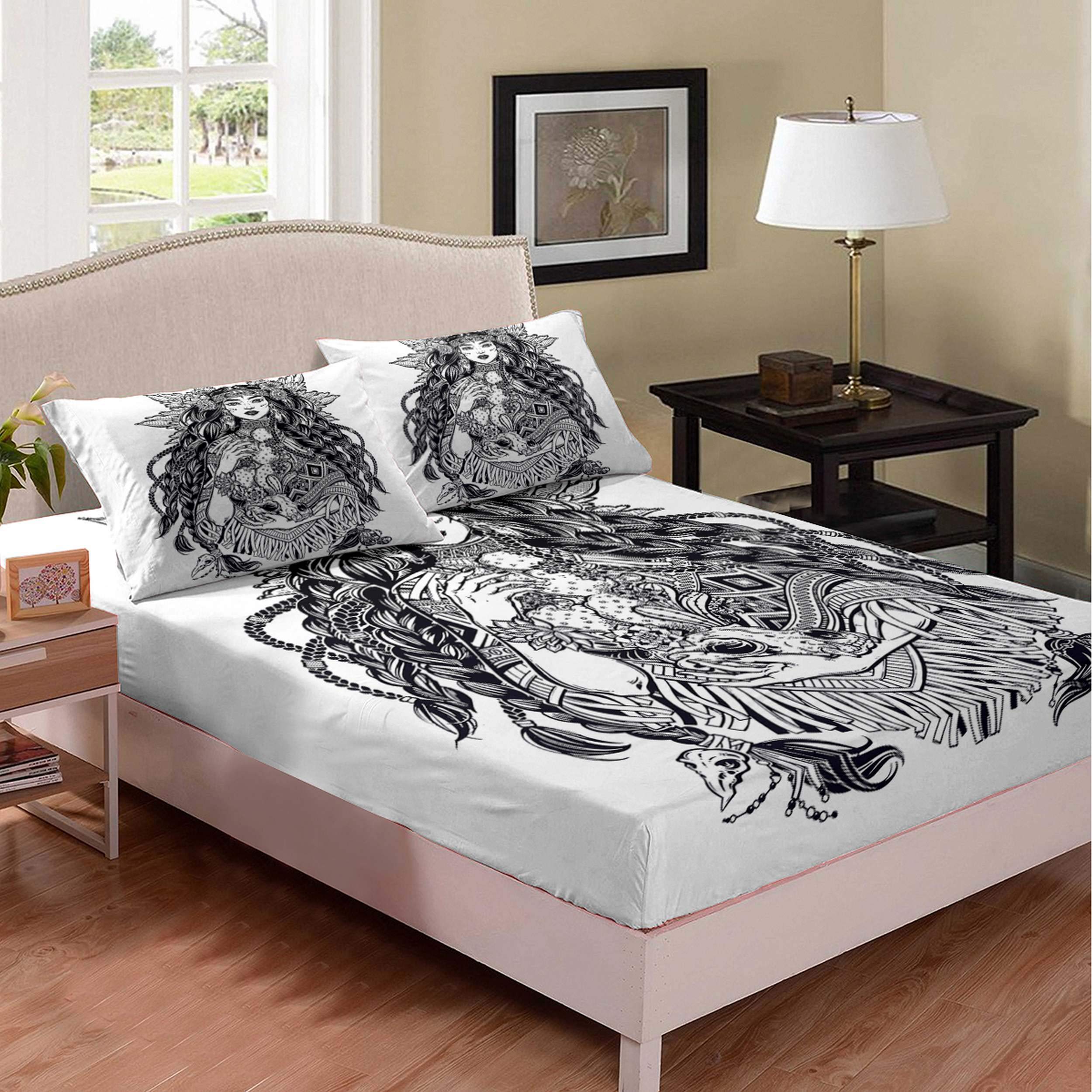 2-Piece Queen Size Bed Sheet Set - 1 Fitted Sheet & 1 Pillowcase - Soft Long Hair Black & White Design - Deep Pocket (39