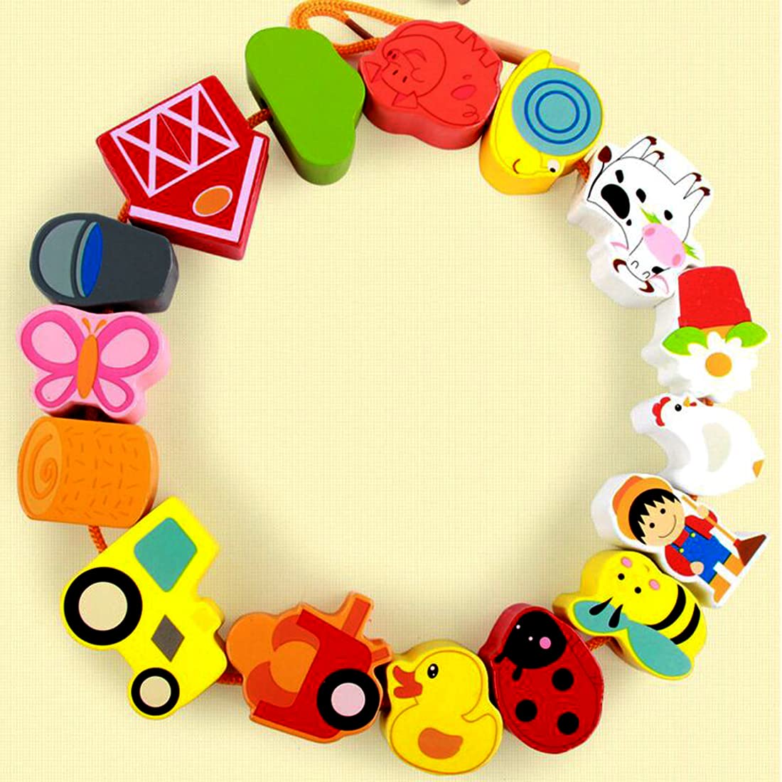 Farm Animal Lacing Toy Set - 16pcs Wooden Beads for Toddlers - Early Learning & Fine Motor Skills Development