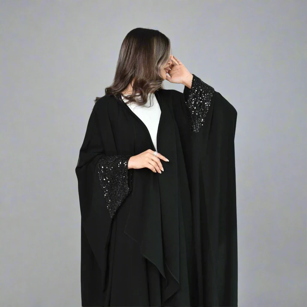 Sequins Cuff Cardigan Open Abaya Dress for Women - Elegant Long Sleeve Muslim Abaya with Beaded Details #24167 | Perfect for Eid, Wedding, Party & Special Occasions