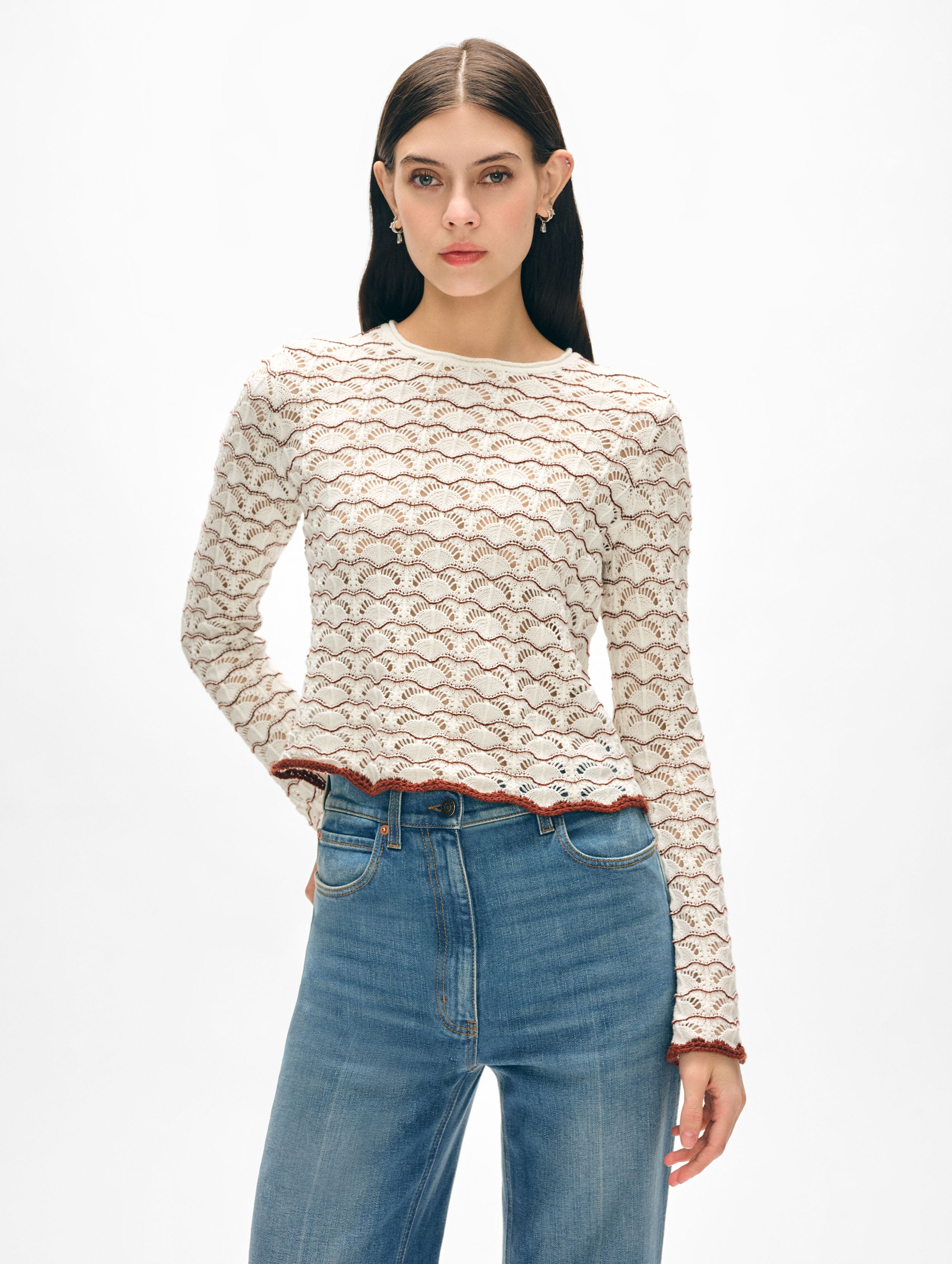 Women's Cotton Pointelle Stitch Knit Top - Soft Breathable Lace-Knit Blouse for Casual Wear & Spring Outfits