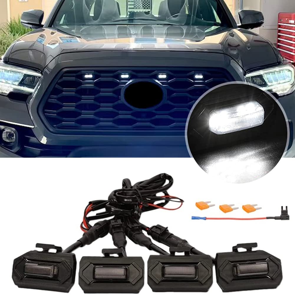 4 Pcs LED Grille Lights for Toyota Tacoma TRD Off Road & Sport Models (2020-2021) - Black Housing with White Light - Durable Fused LED Car Accessories for Off-Roading & Night Driving