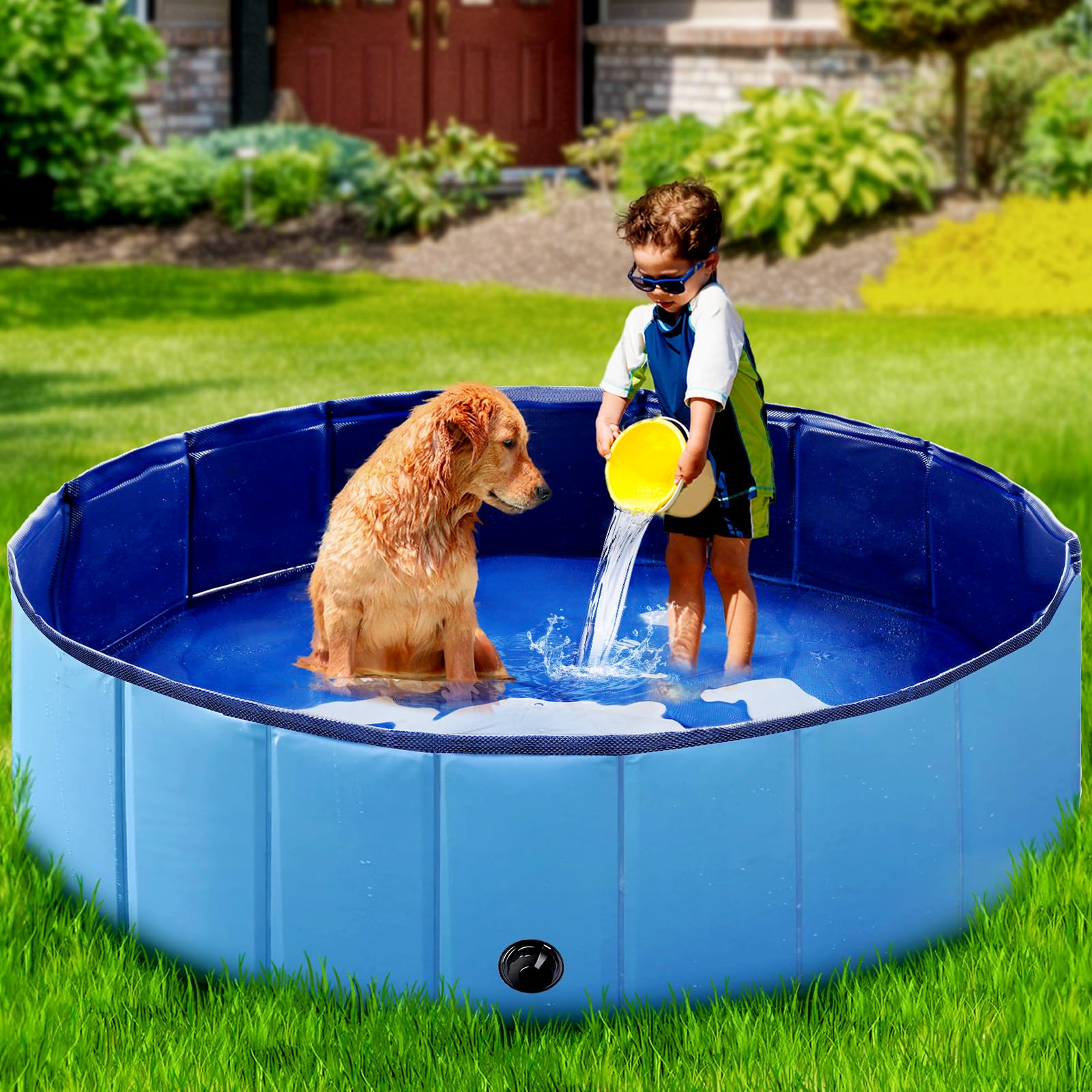 Foldable Dog Pool for Large & Small Dogs - 48x12 Inch Light Blue Collapsible Pet Wading Pool, Hard Plastic Kiddie Swimming Pool for Kids, Portable Dog Bathing Tub - Perfect for Backyard, Beach & Outdoor Play