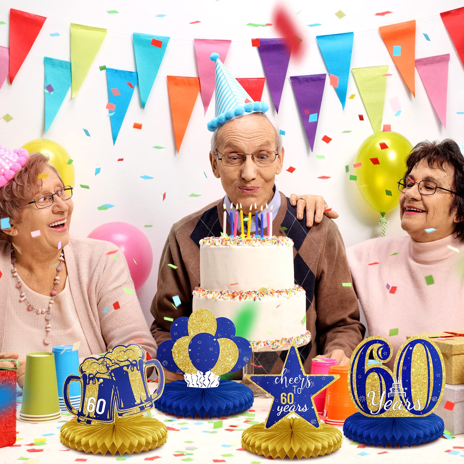 Spakon 8-Piece Gold & Blue 60th Birthday Table Centerpieces - Honeycomb Party Decorations for 60th Anniversary Celebrations - Perfect for Milestone Birthday Parties, Retirement Events & Golden Jubilee Decor