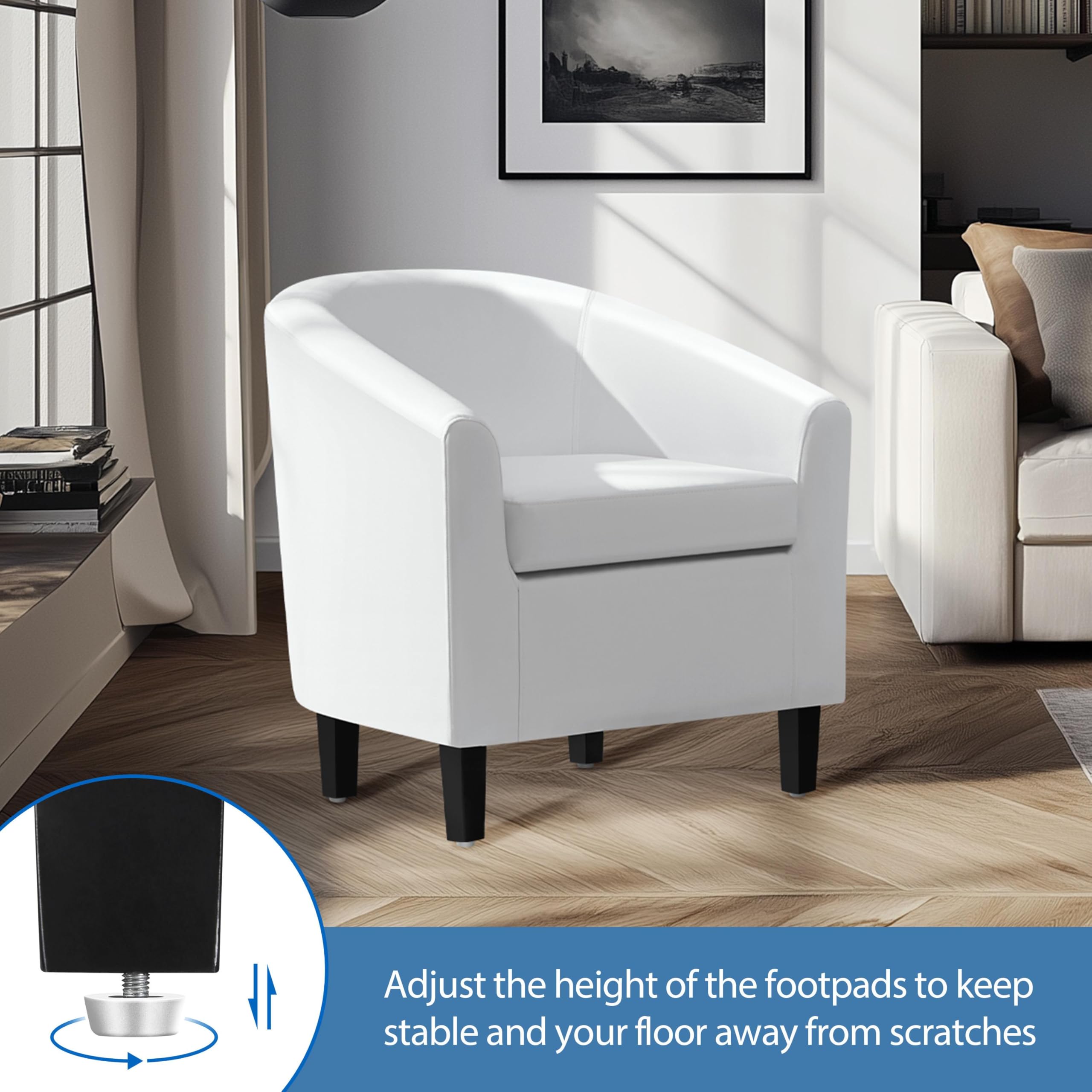 Yaheetech White Faux Leather Accent Chair - Modern Barrel Club Chair with Soft Padded Seat & Sturdy Legs for Living Room, Bedroom, Office - Perfect for Reading Nook, Home Theater Seating & Guest Reception Areas