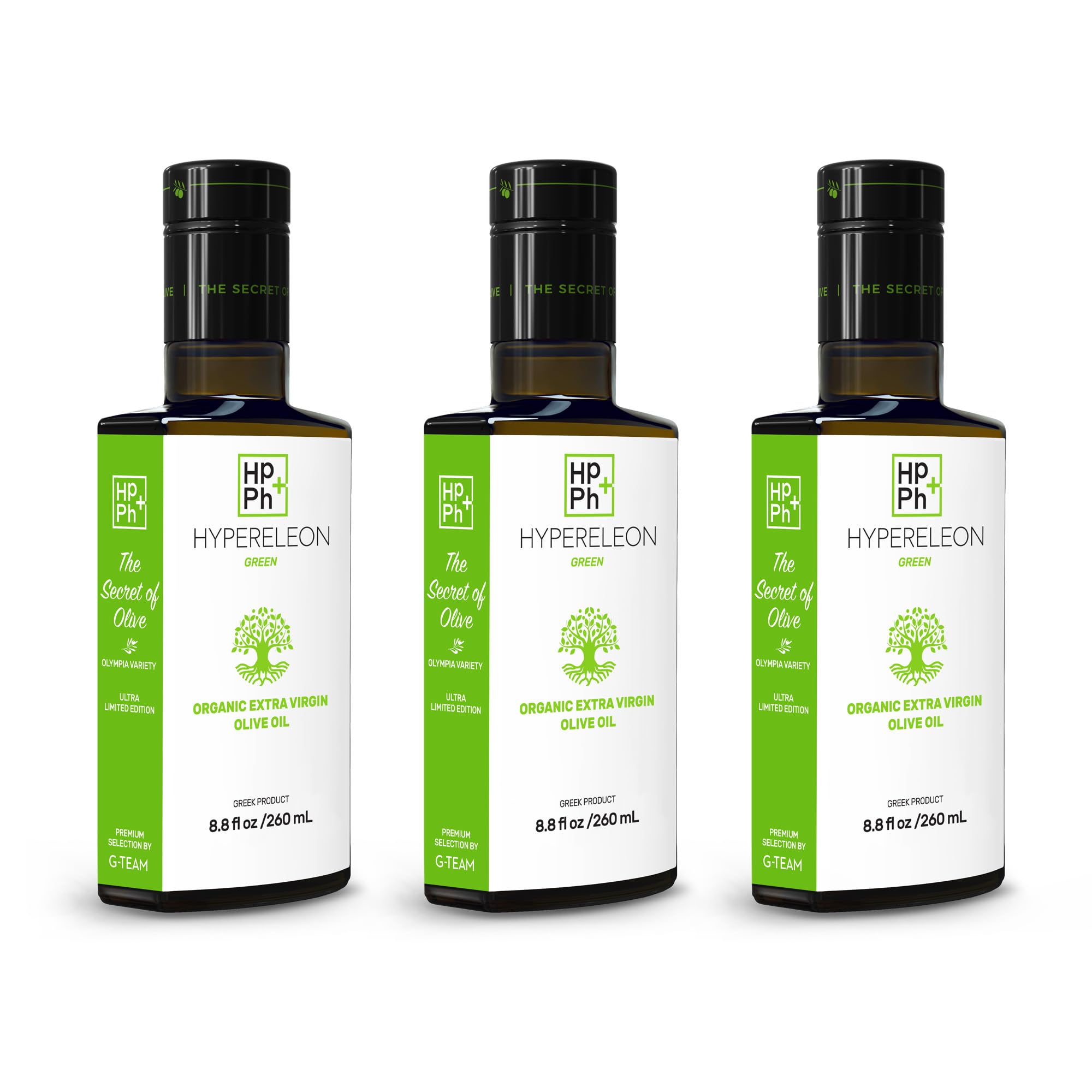 Premium Organic Greek Extra Virgin Olive Oil - 100% Pure, Unfiltered, High Phenolic - Award-Winning HYPERELEON GREEN (Pack of 3, 260ml) | Perfect for Salads, Cooking & Healthy Diets