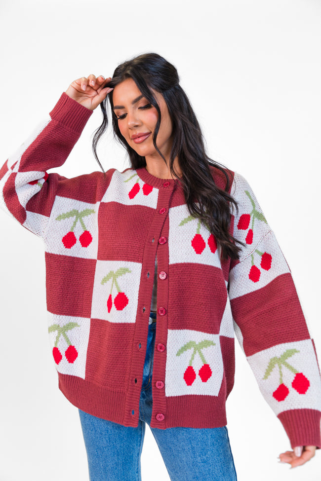 Cherry Much In Love Brick and White Multi Checkered Cardigan - Cozy Knit Sweater for Women | Perfect for Fall, Winter & Casual Outfits