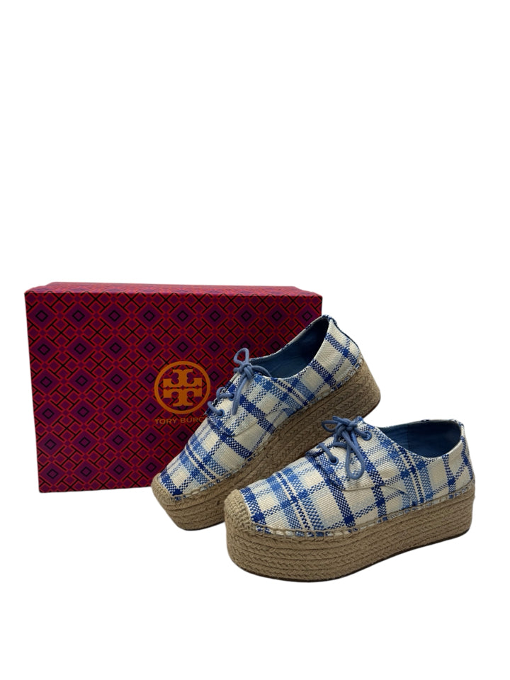Tory Burch Blue Plaid Florence Espadrille Wedge Sandals - Women's Size 7.5 (US) Comfortable Summer Casual Shoes for Beach, Vacation & Everyday Wear