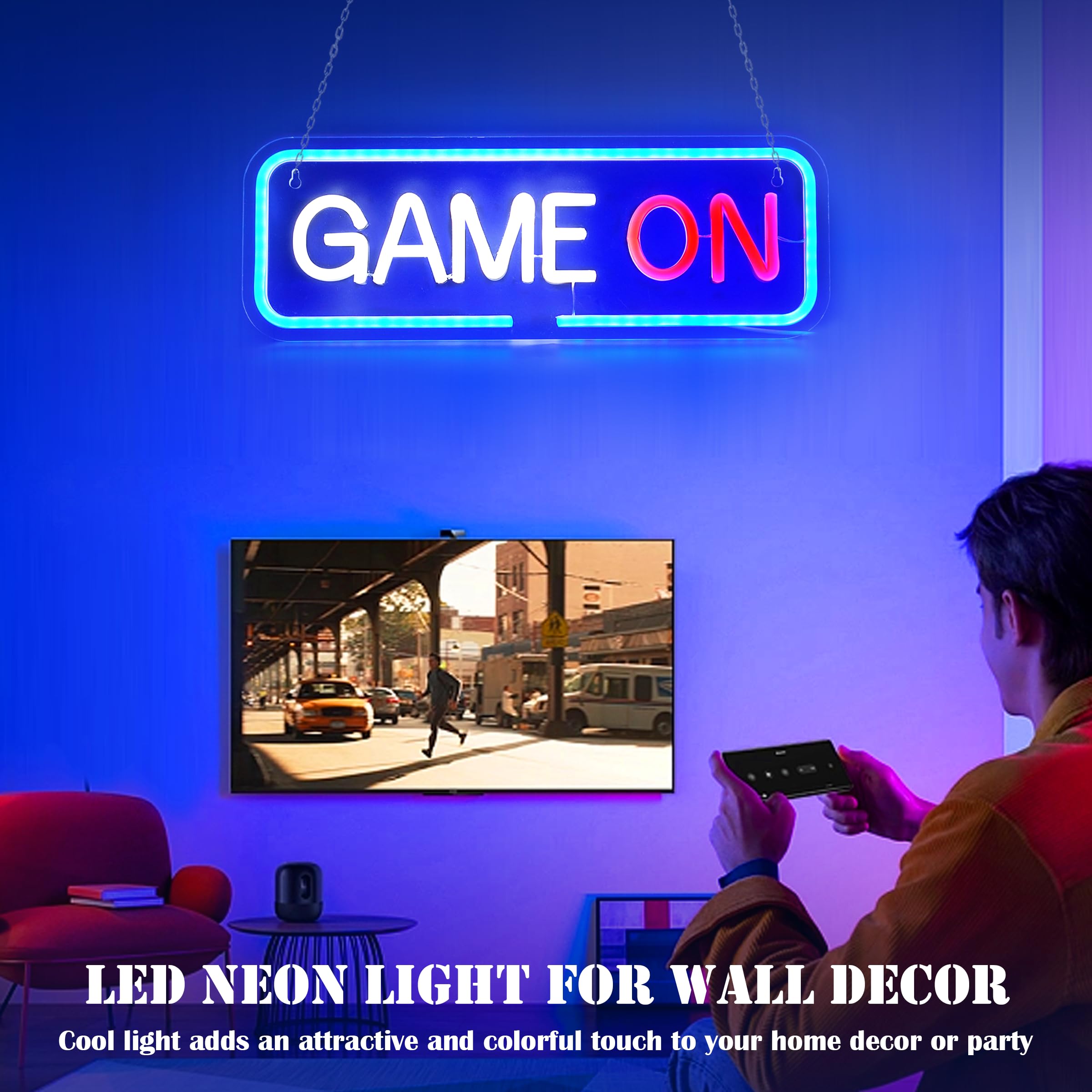 Game On LED Neon Sign Lights - USB Powered Wall Decor for Video & PC Gaming Room, Man Cave, Teen Bedroom - Perfect Gamer Gift, Party Lights & Game Accessories