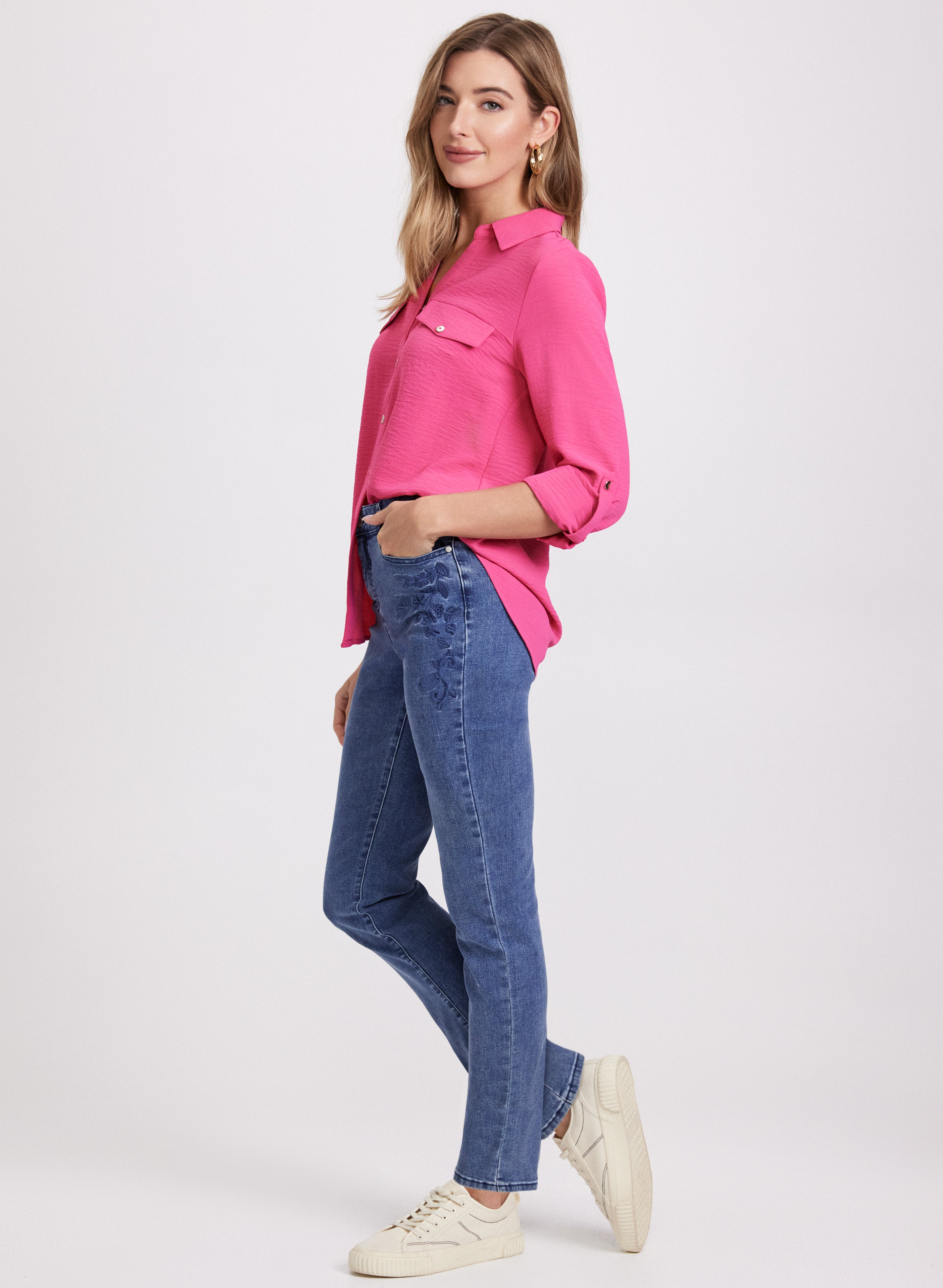 Floral Embroidered Straight Leg Jeans for Women - High Waist Stretch Denim Pants - Casual & Boho Style for Spring/Summer Outfits