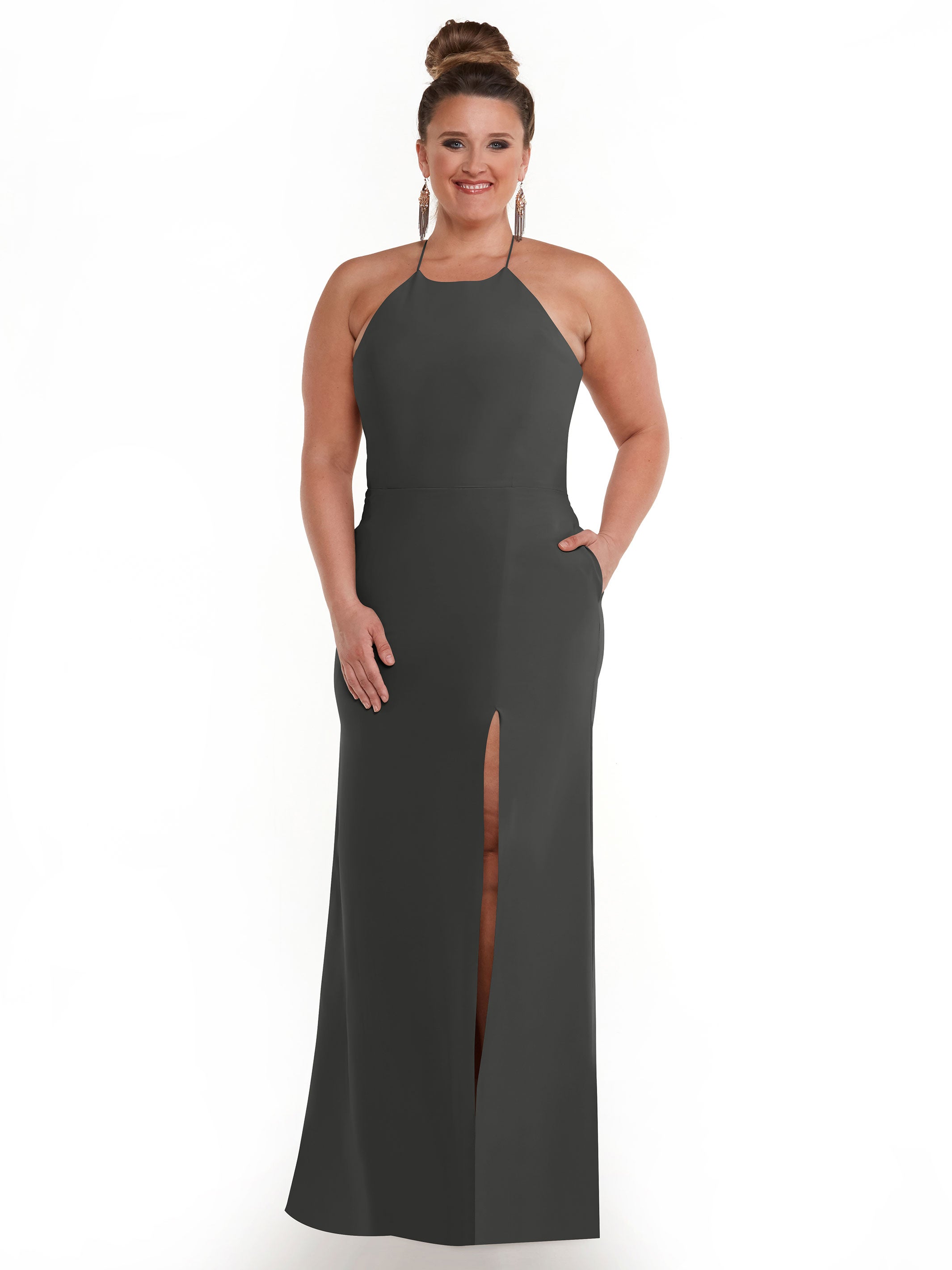 Elegant 83026 Sheath Stretch Chiffon Bridesmaid Dress with Halter Neckline & High Slit - Perfect for Weddings, Formal Events & Evening Parties