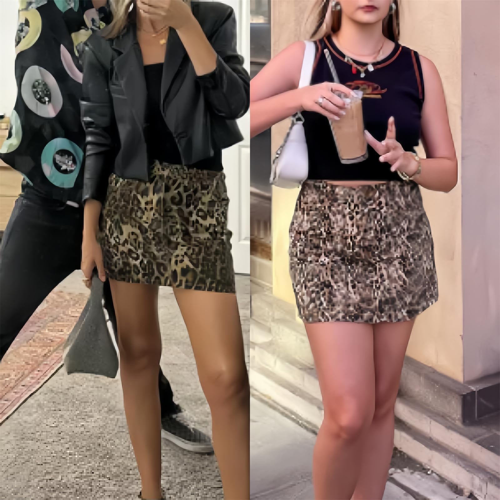 Y2K High Waisted Denim Mini Skirt with Leopard Print & Pockets for Women | Vintage Streetwear Club Dress | Perfect for Casual Outfits, Night Out & Festival Fashion