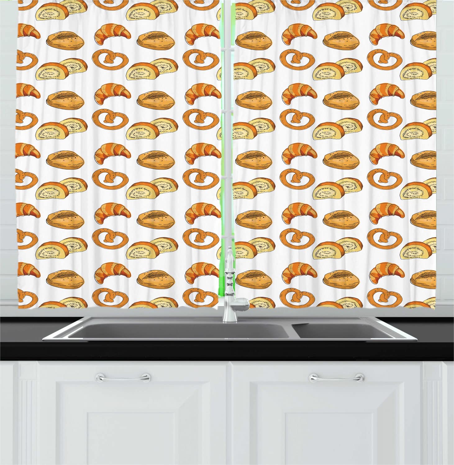 Ambesonne Food Themed Kitchen Curtains - Bakery Bread Croissant Muffin Pretzel Bagel Print, 2 Panel Rod Pocket Drapes 55