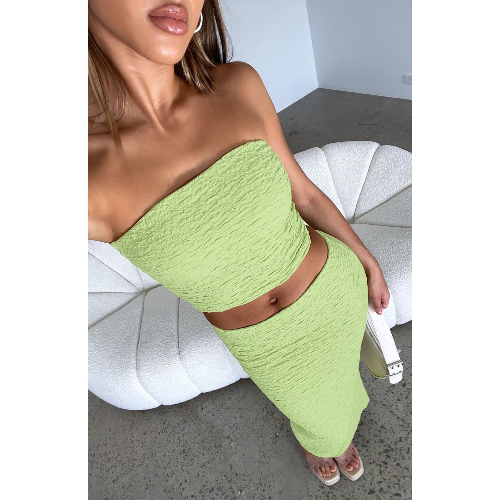 Sexy Women's Two Piece Skirt Outfit - Sleeveless Tube Top & Bodycon Maxi Dress Set | Y2K Summer Vacation Outfit for Beach, Party & Date Night