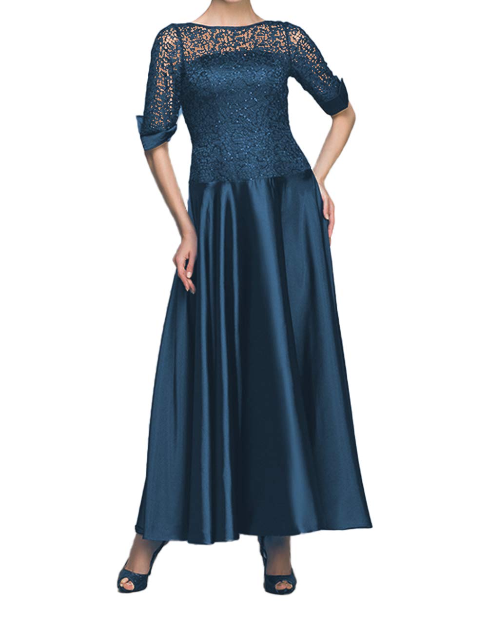 Elegant Tea-Length Mother of the Bride Dress - Long Sleeve Satin Formal Evening Gown for Women | Perfect for Weddings, Receptions & Special Occasions