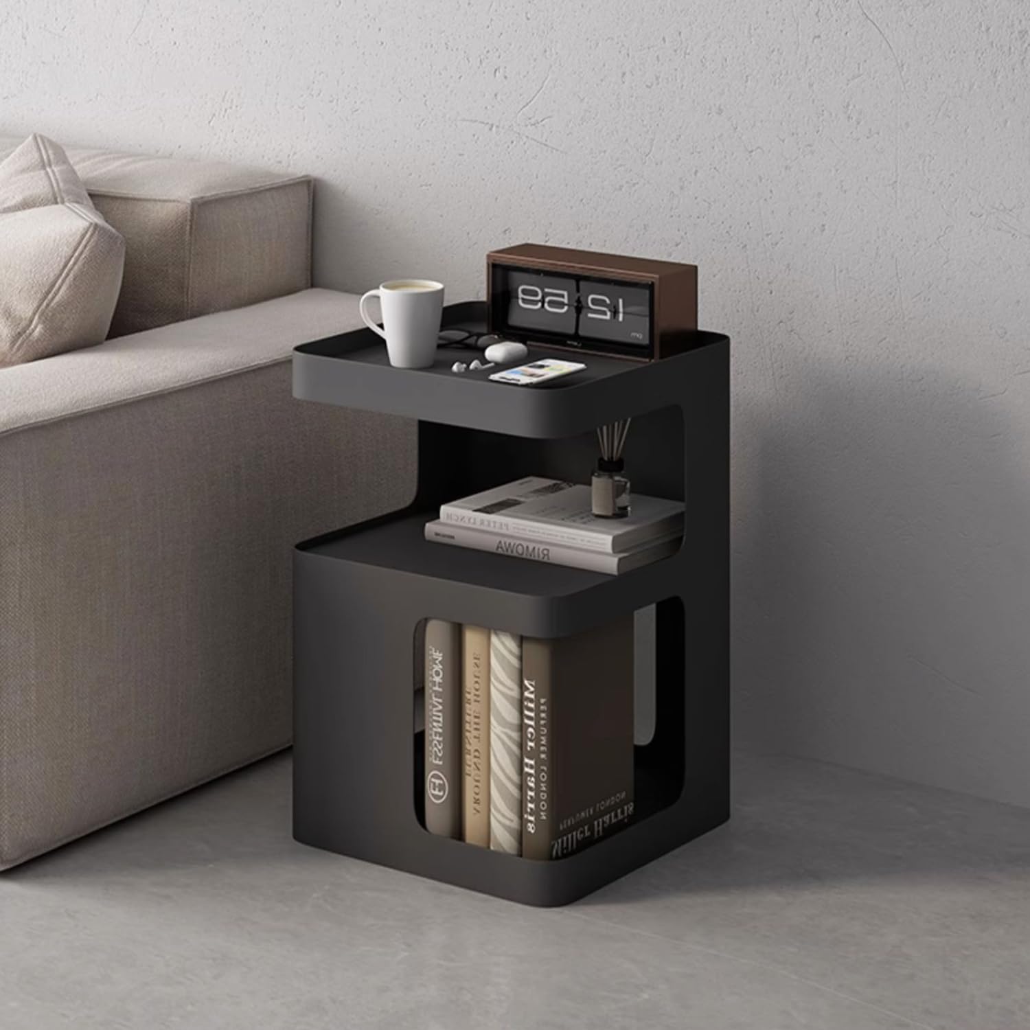 Modern Black Metal Side Table - 3-Tier End Table with Storage Shelf, Nightstand for Bedroom, Living Room & Small Spaces | Sturdy Couch Accent Table, No Assembly Required - Perfect for Reading Nook, Apartment Decor & Guest Room Essentials