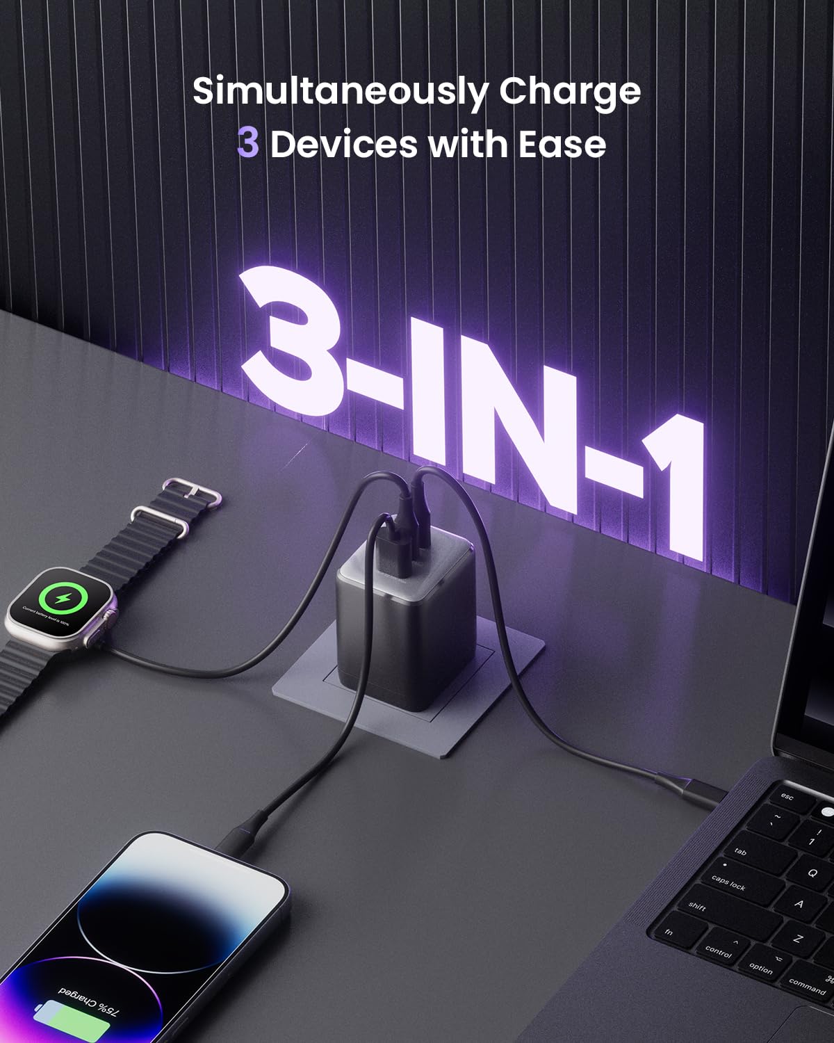 100W USB C GaN Fast Charger Block, 3-Port Compact Foldable Wall Charger for MacBook Pro/Air, Dell XPS, iPad Pro, iPhone 15/14/13, Galaxy S25/S24 - Perfect for Travel, Office & Home Charging Multiple Devices Simultaneously