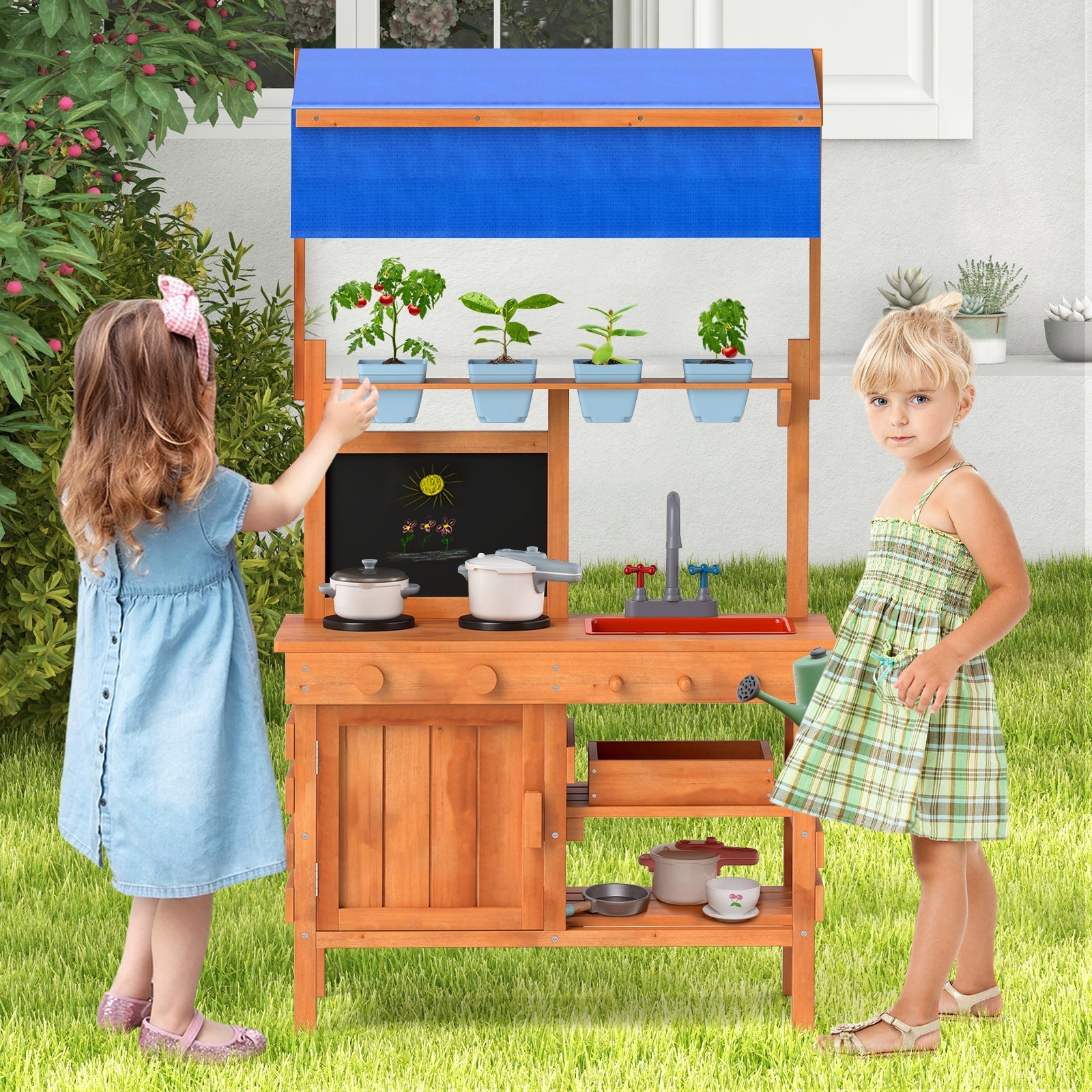 Natural Wooden Pretend Play Kitchen for Kids - Adjustable Height Canopy, Realistic Toy Kitchen Set for Pretend Cooking & Role Play - Perfect for Indoor Playroom, Preschool & Birthday Gifts