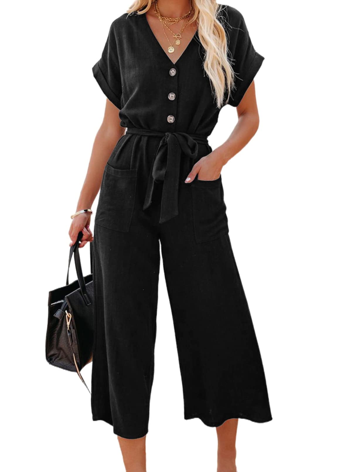 Acelitt Women's Casual V-Neck Short Sleeve Button Belted Wide Leg Jumpsuit - Summer Outfits, Beach Wear, Office Casual (Sizes S-XXL)