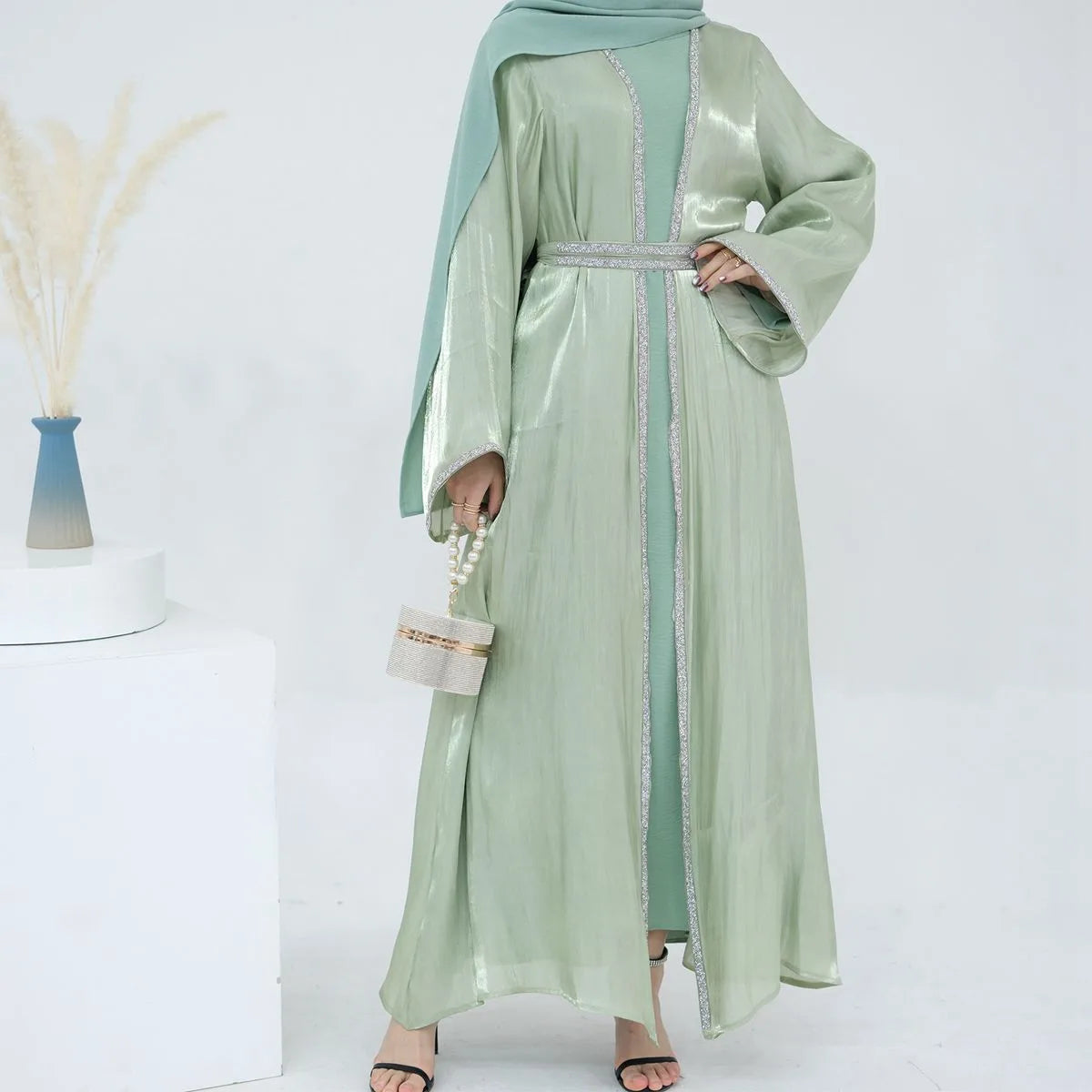 2-Piece Hotfix Rhinestone Sparkling Open Abaya Dress Set with Inner Dress - Perfect for Weddings, Parties & Special Occasions