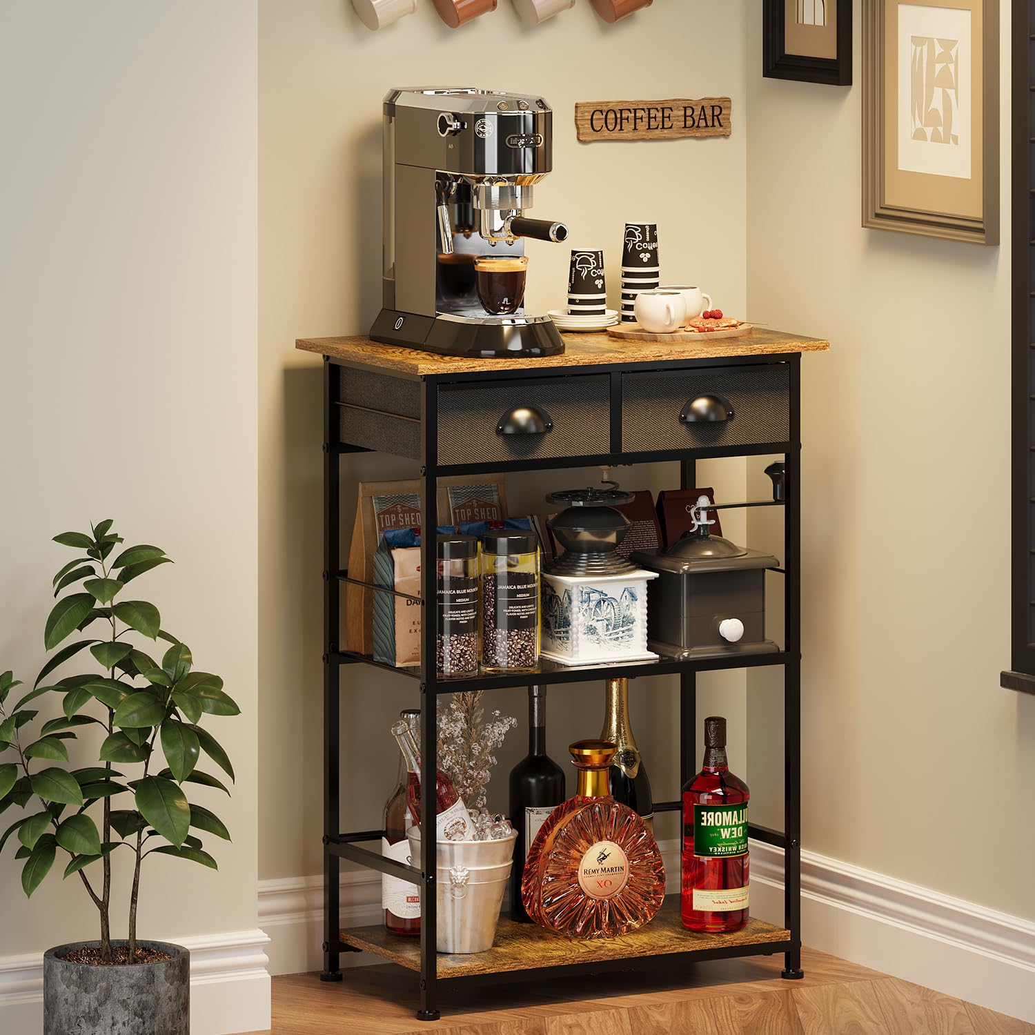 Farmhouse Style 3-Tier Coffee Bar Stand with 2 Storage Drawers - Large Capacity Coffee Station Organizer Cabinet for Kitchen, Living Room & Entryway - Perfect for Espresso Machines, Mugs & Coffee Accessories Storage