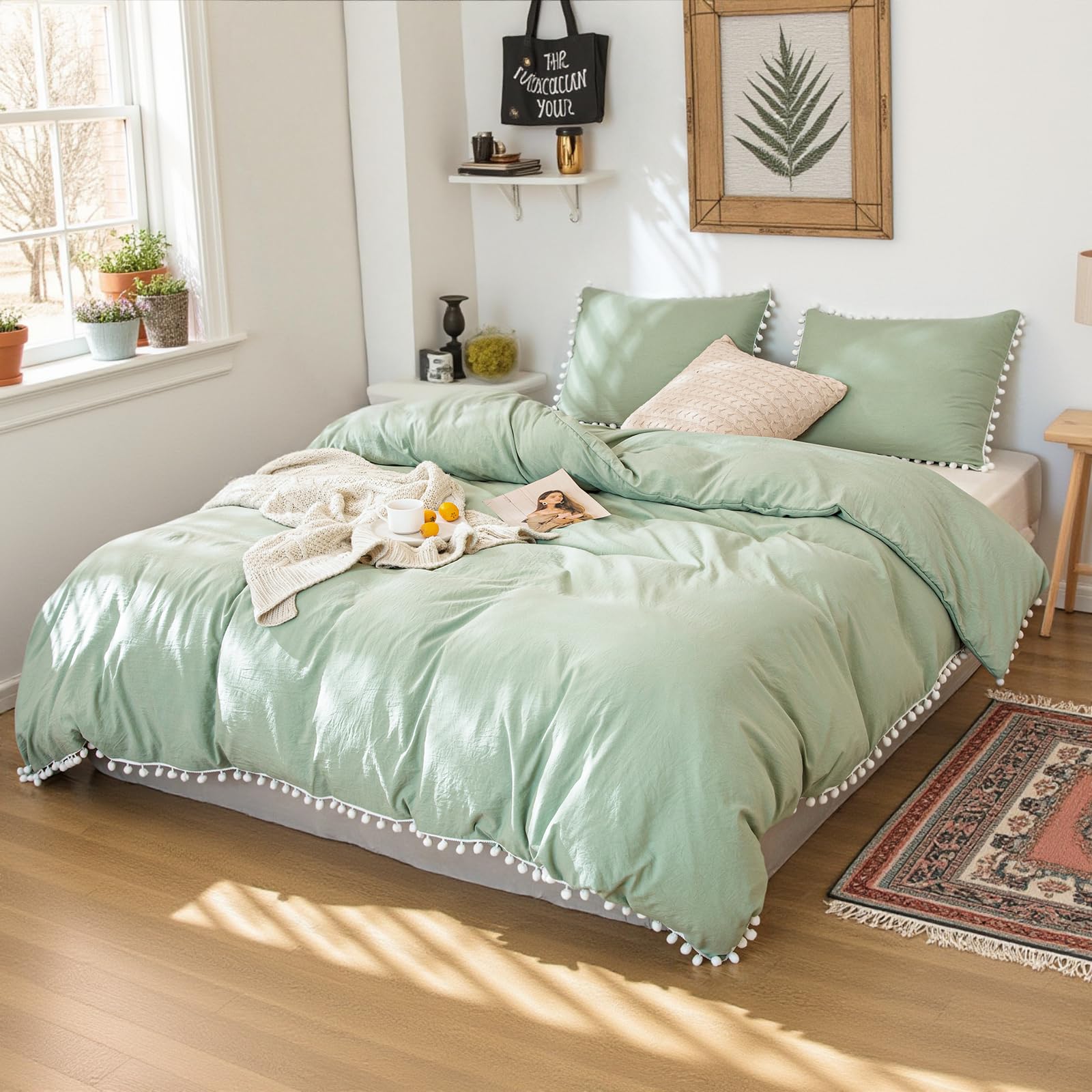 King Size Sage Green Pom Pom Comforter Set - 3 Piece Farmhouse Boho Bedding | 100% Washed Microfiber, Soft & Lightweight Fluffy Duvet Cover | Perfect for Master Bedroom, Guest Room & Cozy Farmhouse Decor