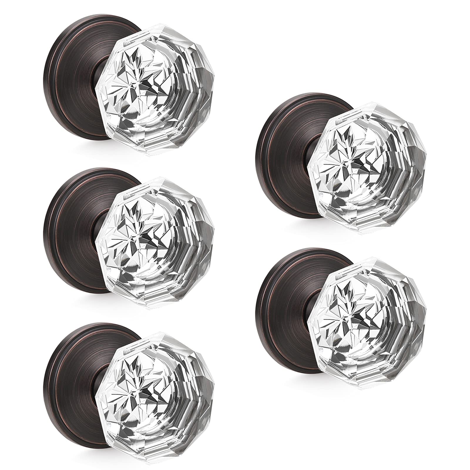 Gobrico 5-Pack Clear Glass Crystal Diamond Style Door Knobs - Octagon Shape with Round Rosette, Antique Oil Rubbed Bronze Finish for Pantry, Storeroom & French Doors | Elegant Home & Office Decoration