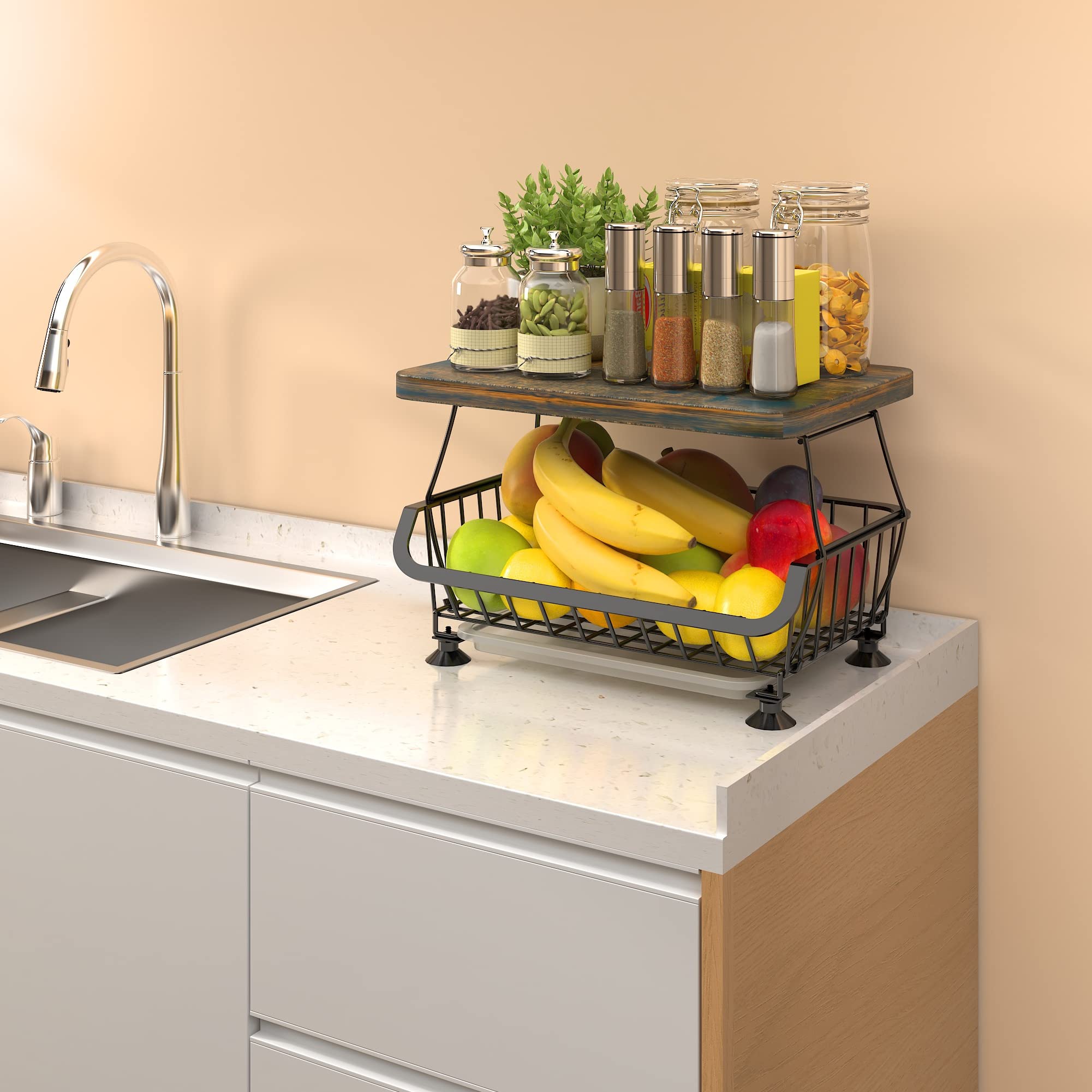 2-Tier Metal Fruit Basket with Wooden Top - Kitchen Storage Organizer for Vegetables, Potatoes, Onions - Perfect for Pantry, Countertop & Farmhouse Style Kitchen Decor