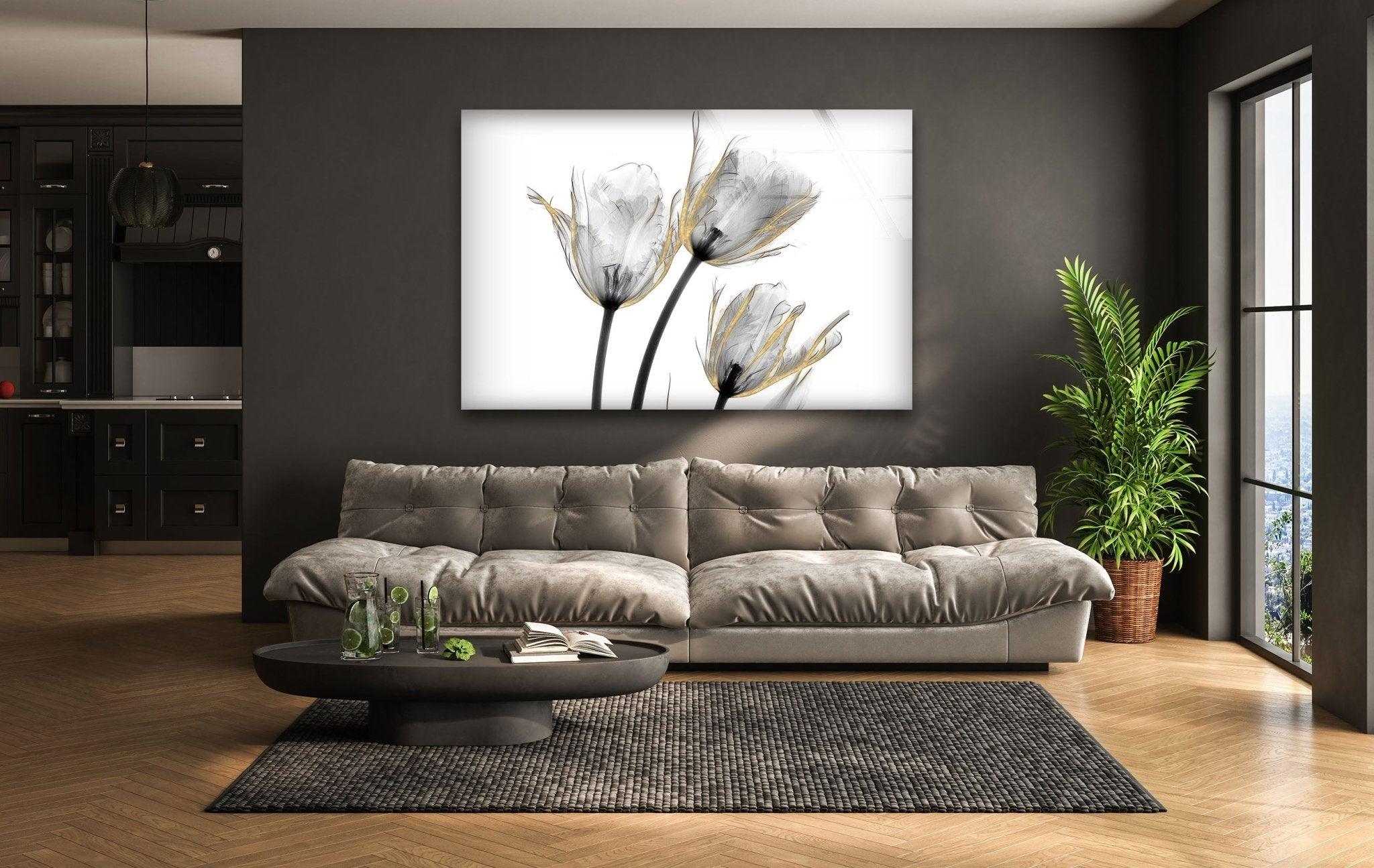 Albert Koetsier Gold Embellished Tulips Glass Wall Art - Handcrafted Floral Home Decor for Living Room, Bedroom & Office - Elegant Gift Idea for Housewarming & Wedding