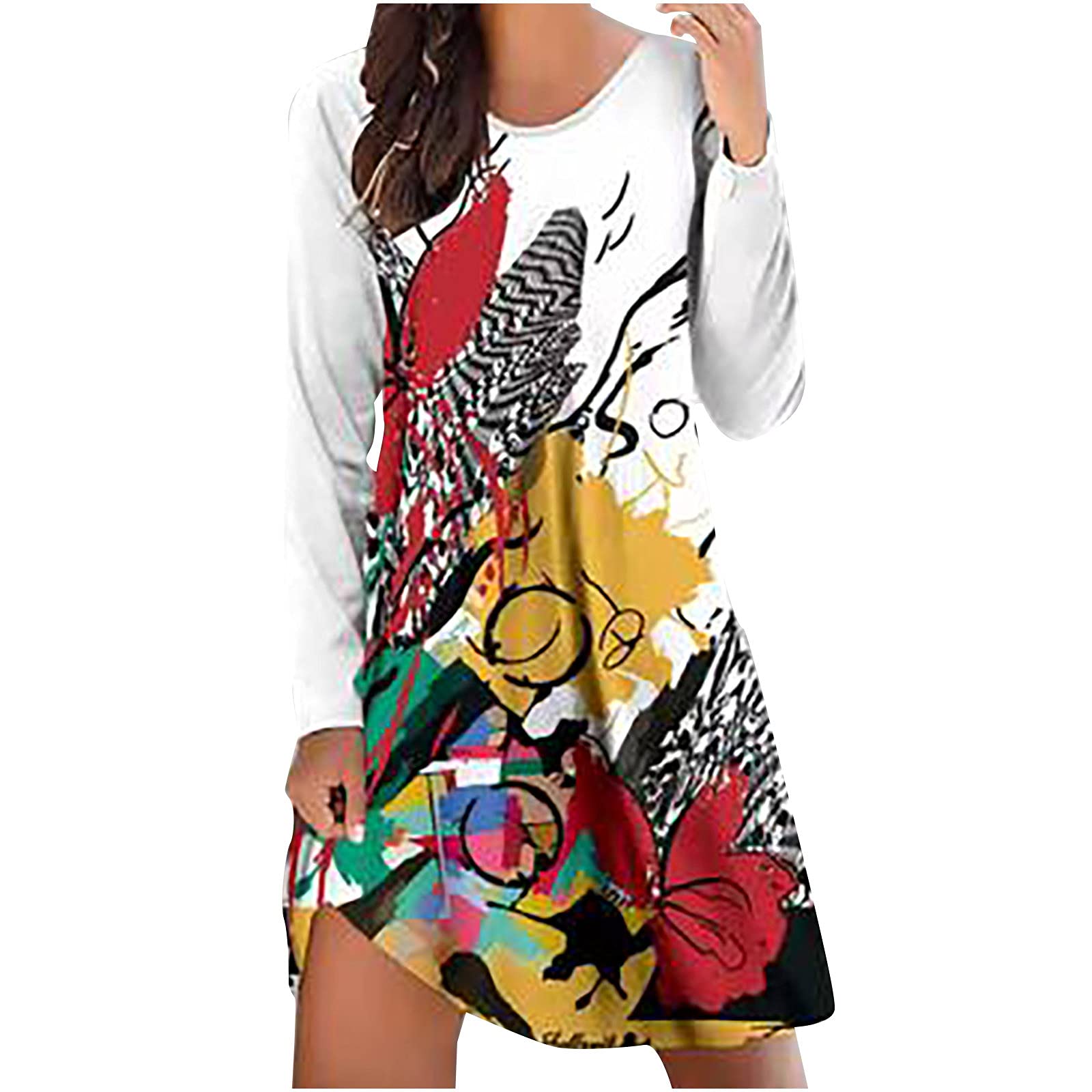 PATLOLLAV Women's Long Sleeve Floral Print T-Shirt Dress - Casual Loose Fit Crewneck Tunic Dress for Autumn, Knee Length (Perfect for Work, Weekend Outings & Fall Layering)