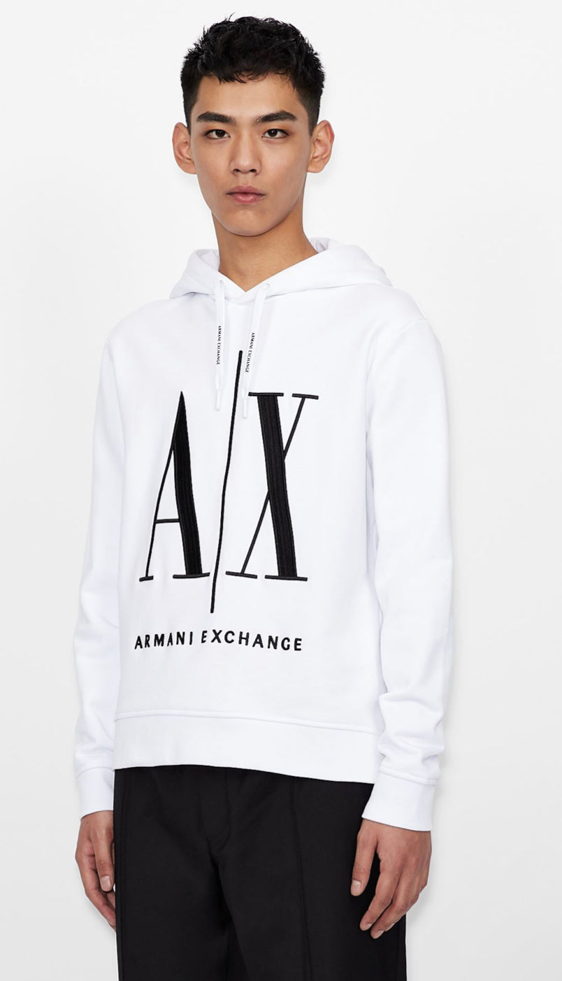 Armani Exchange Icon Logo Hooded Sweatshirt for Men & Women - White Cotton Pullover Hoodie for Casual Wear & Street Style Fashion