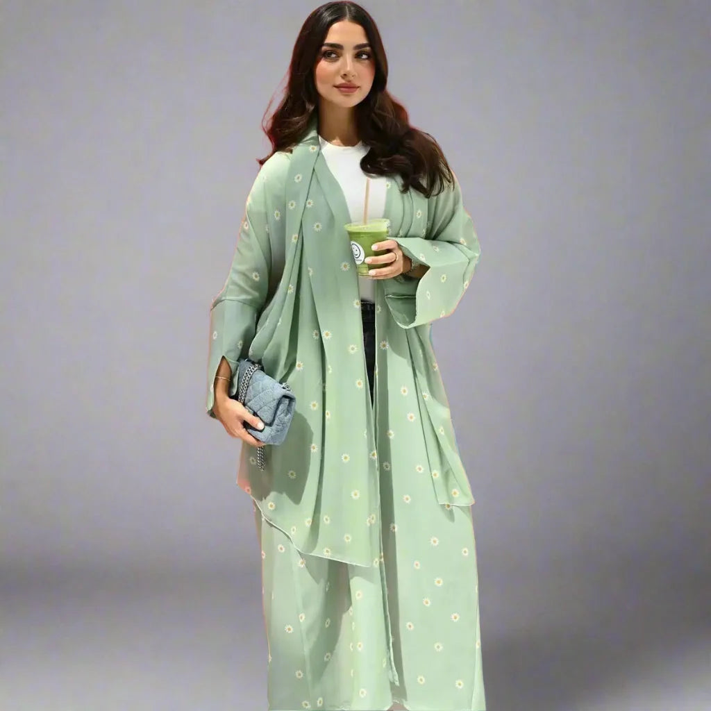 Light Green Floral Printed Cardigan Open Abaya Dress - Elegant Muslim Women's Outerwear for Prayer, Home & Special Occasions