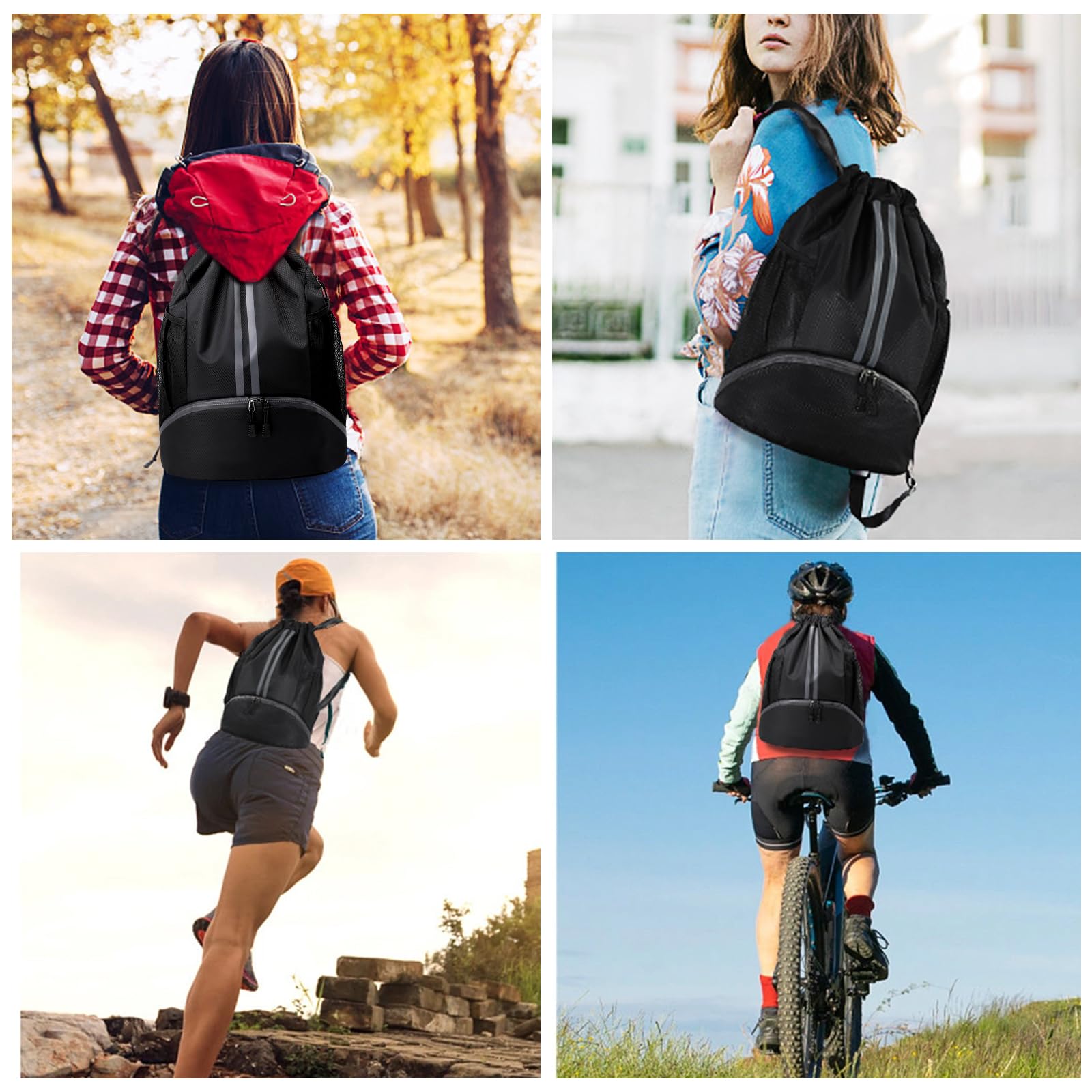 **Waterproof Drawstring Backpack with Zipper, Shoe Compartment & Wet Pocket - Lightweight Gym Sack for Men & Women - Perfect for Travel, Soccer, Swimming & Workout (Black)**