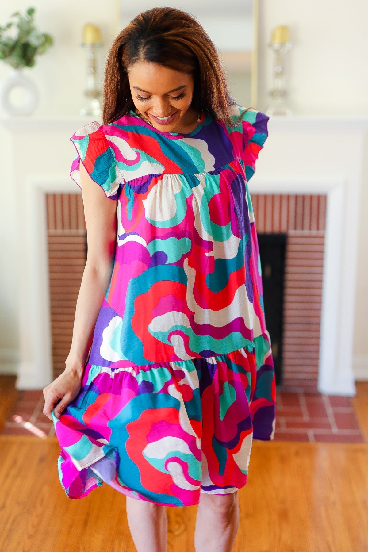 Go For Fun Fuchsia Geo Print Tiered Ruffle Sleeve Woven Dress for Women | Summer Casual Party Wear | Perfect for Beach Vacations, Date Nights & Outdoor Events